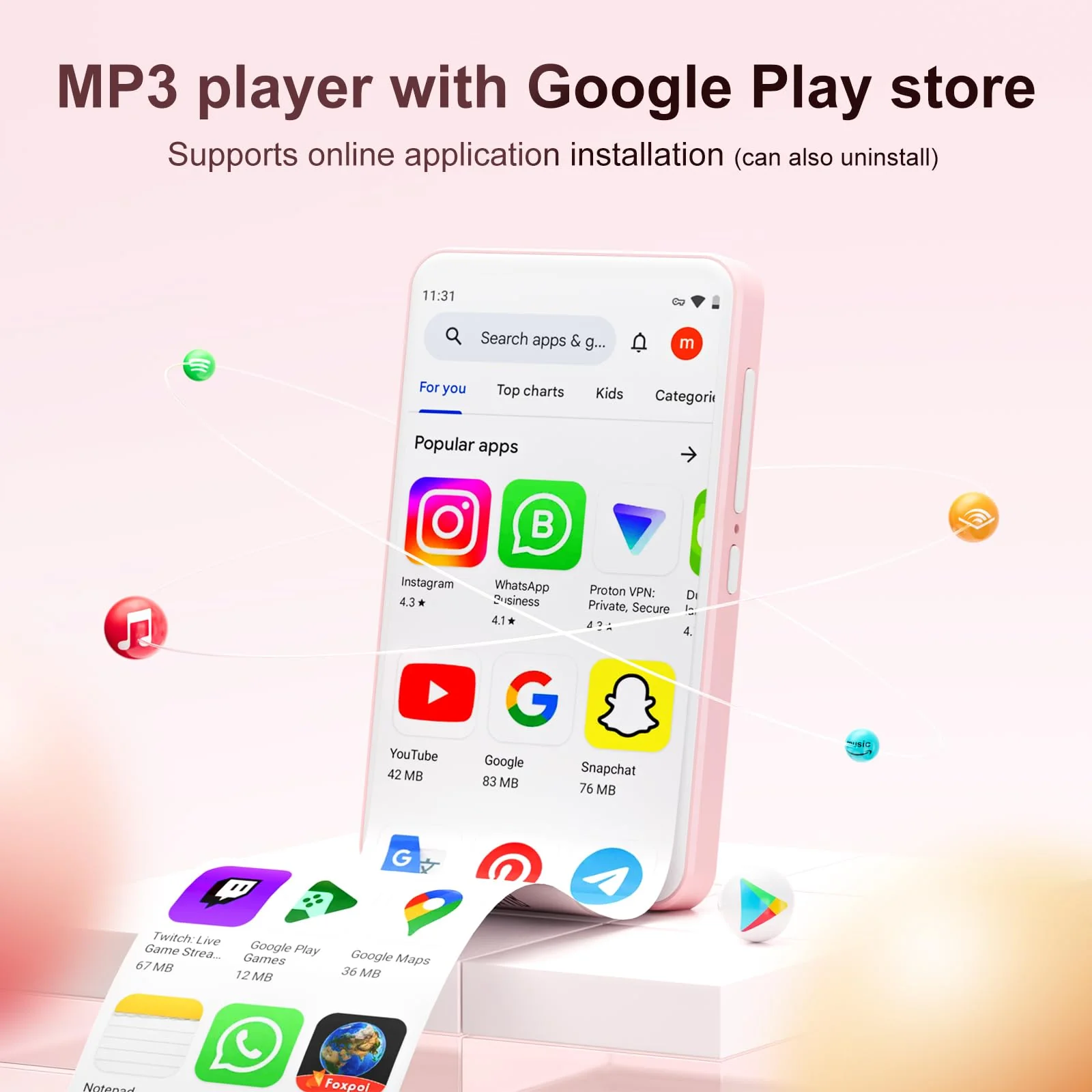 80GB MP3 Player with Bluetooth and WiFi, Android Player with Speaker Mp3 & Mp4 Music Player with Spotify, Amazon Music, Browser, Deezer, 4.0" Touch Screen, Download Music,Up to 512GB(Pink) Pink - Image 2