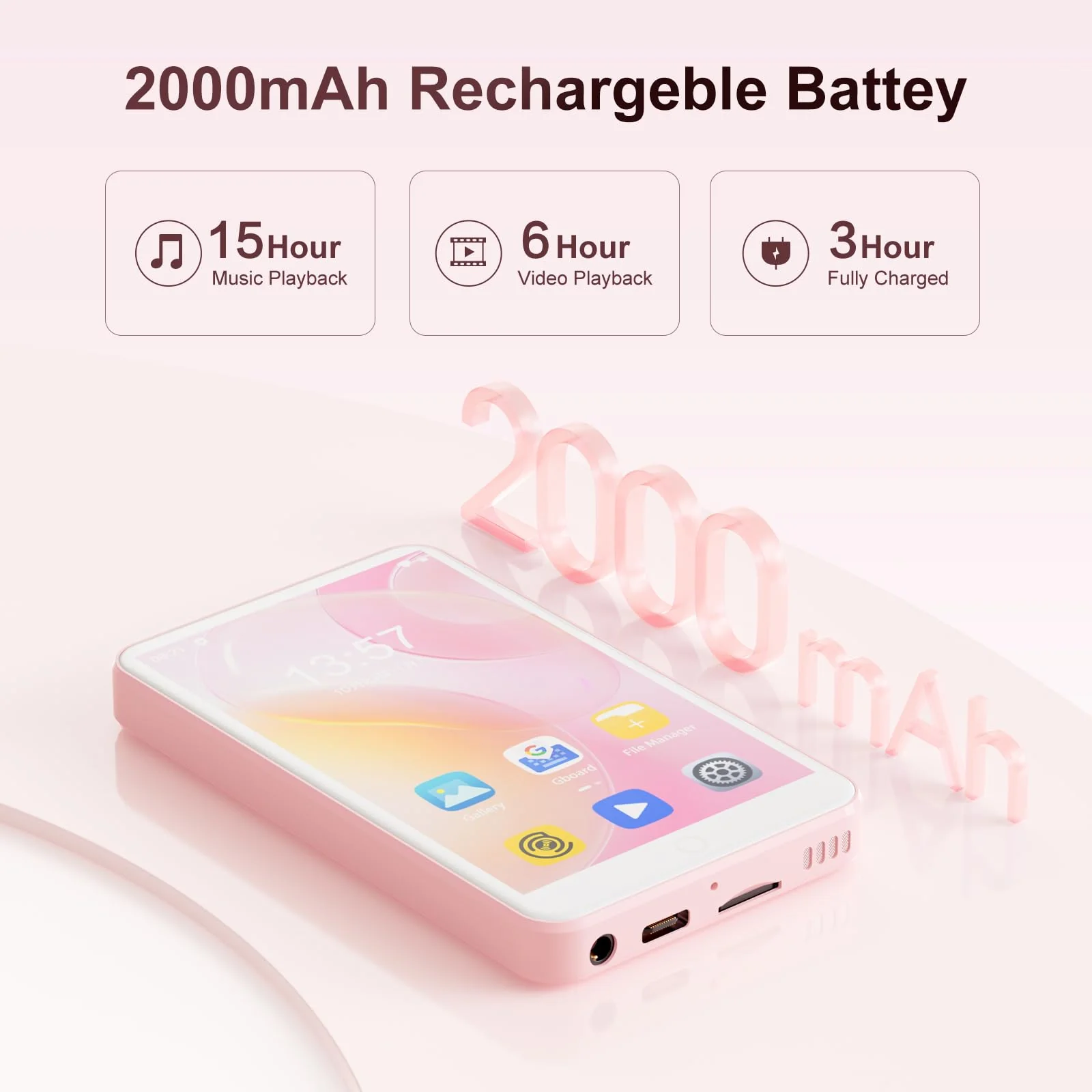 80GB MP3 Player with Bluetooth and WiFi, Android Player with Speaker Mp3 & Mp4 Music Player with Spotify, Amazon Music, Browser, Deezer, 4.0" Touch Screen, Download Music,Up to 512GB(Pink) Pink - Image 5