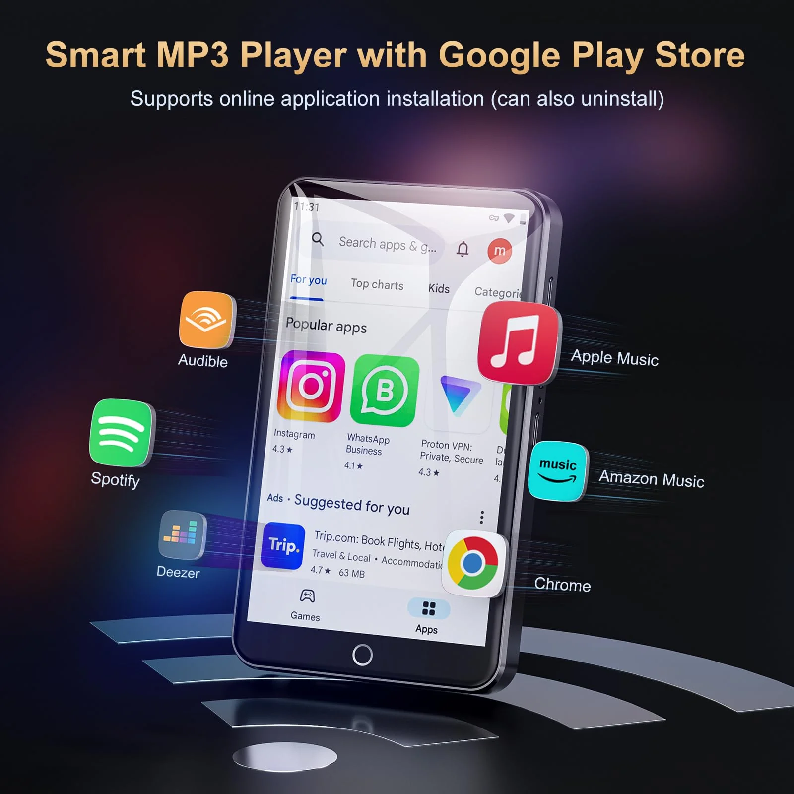 80GB MP3 Player with Bluetooth and WiFi, Android Player with Speaker Mp3 & Mp4 Music Player with Spotify, Amazon Music, Deezer, Browser, 4.0" Touch Screen, Download Music, FM Radio,Up to 512GB(Black) Black - Image 2