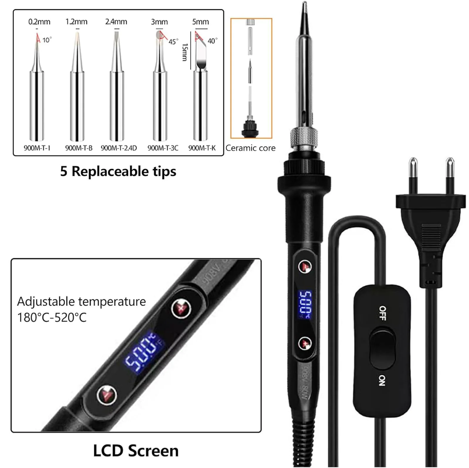 80W Adjustable Soldering Iron Set with LCD Display, Temperature Range 180-520°C, Desoldering Pump, 5 Soldering Tips, Soldering Iron Stand, for Electronic Repairs & DIY Projects - Image 2