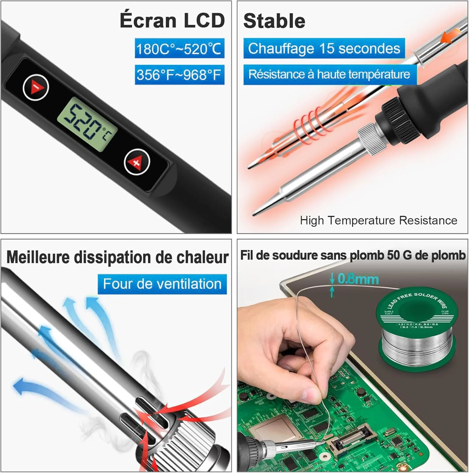 80W Adjustable Soldering Iron Set with LCD Display, Temperature Range 180-520°C, Desoldering Pump, 5 Soldering Tips, Soldering Iron Stand, for Electronic Repairs & DIY Projects - Image 6