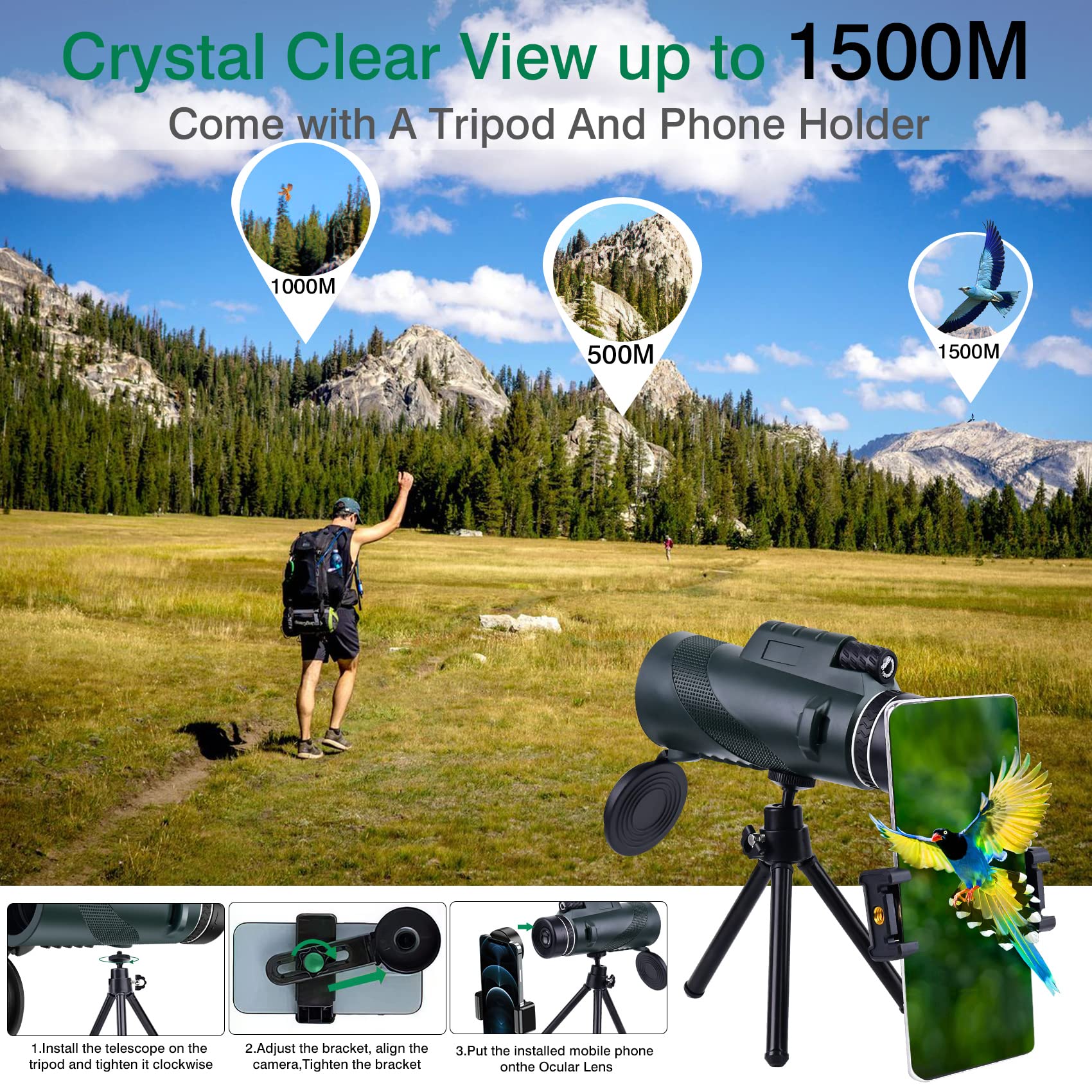 80x100 High Powered Monocular Telescope 2 Packs with Smartphone Holder & Tripod, HD Monocular for Adults with BAK4 Prism & FMC Lens for Hunting Star Bird Watching Wildlife Camping Hiking - Image 4
