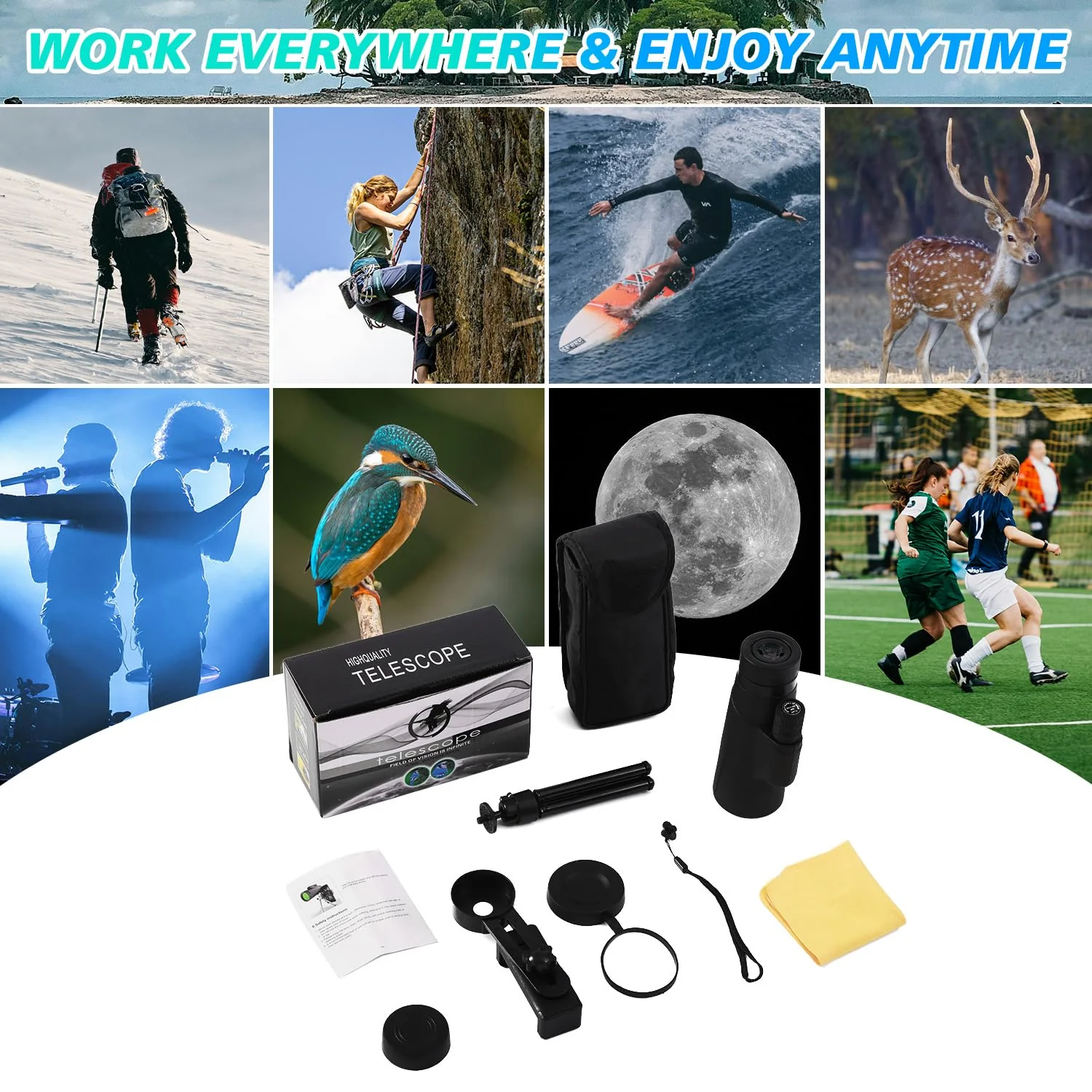 80X100 Monocular for Adults - Monocular Telescope High Definition with Smartphone Holder & Tripod, High Power Monoculars for Adults Watching Hunting Camping Hiking Travling with Zoom Focus - Image 7