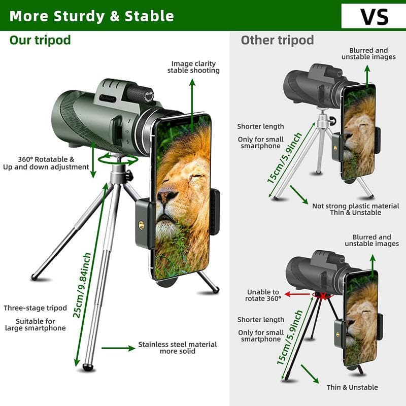 80x100 Monocular Telescope for Adults–High-Powered Green Lens Compact Monocular with Tripod & Smartphone Adapter for Bird Watching, Hunting, Hiking, Camping, Stargazing, Travel, and Outdoor Adventures - Image 2