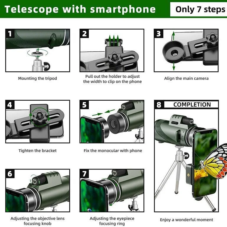 80x100 Monocular Telescope for Adults–High-Powered Green Lens Compact Monocular with Tripod & Smartphone Adapter for Bird Watching, Hunting, Hiking, Camping, Stargazing, Travel, and Outdoor Adventures - Image 4