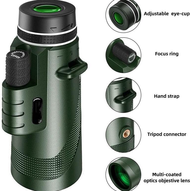 80x100 Monocular Telescope for Adults–High-Powered Green Lens Compact Monocular with Tripod & Smartphone Adapter for Bird Watching, Hunting, Hiking, Camping, Stargazing, Travel, and Outdoor Adventures - Image 5