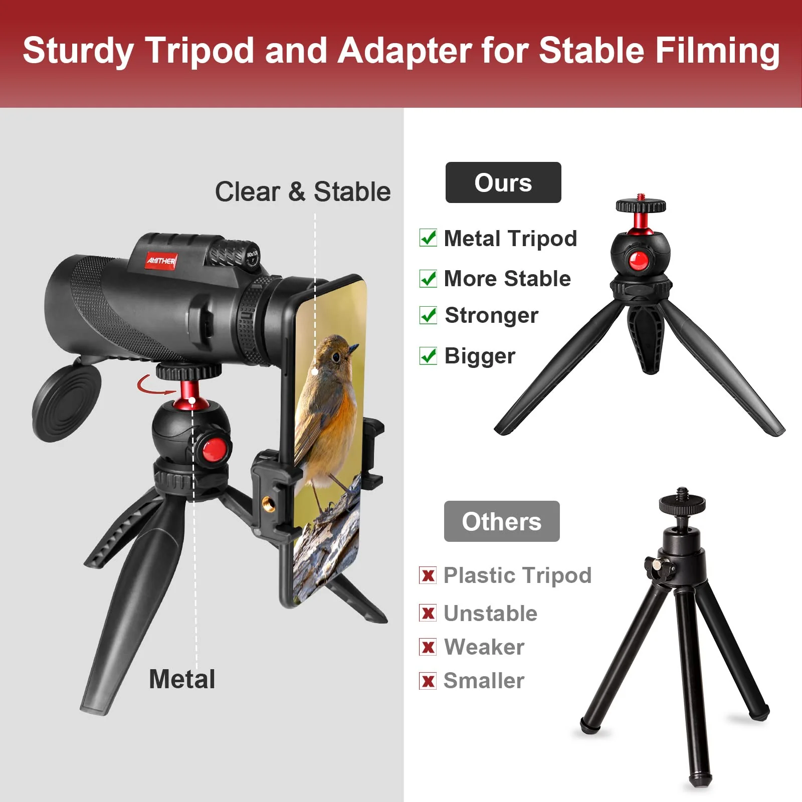 80x100 Monocular Telescope for Smartphones - High Powered HD Monocular with Tripod & Adapter, Low Light Vision for Adults - for Wildlife, Bird Watching, Hunting, Hiking 80x100 - Image 5