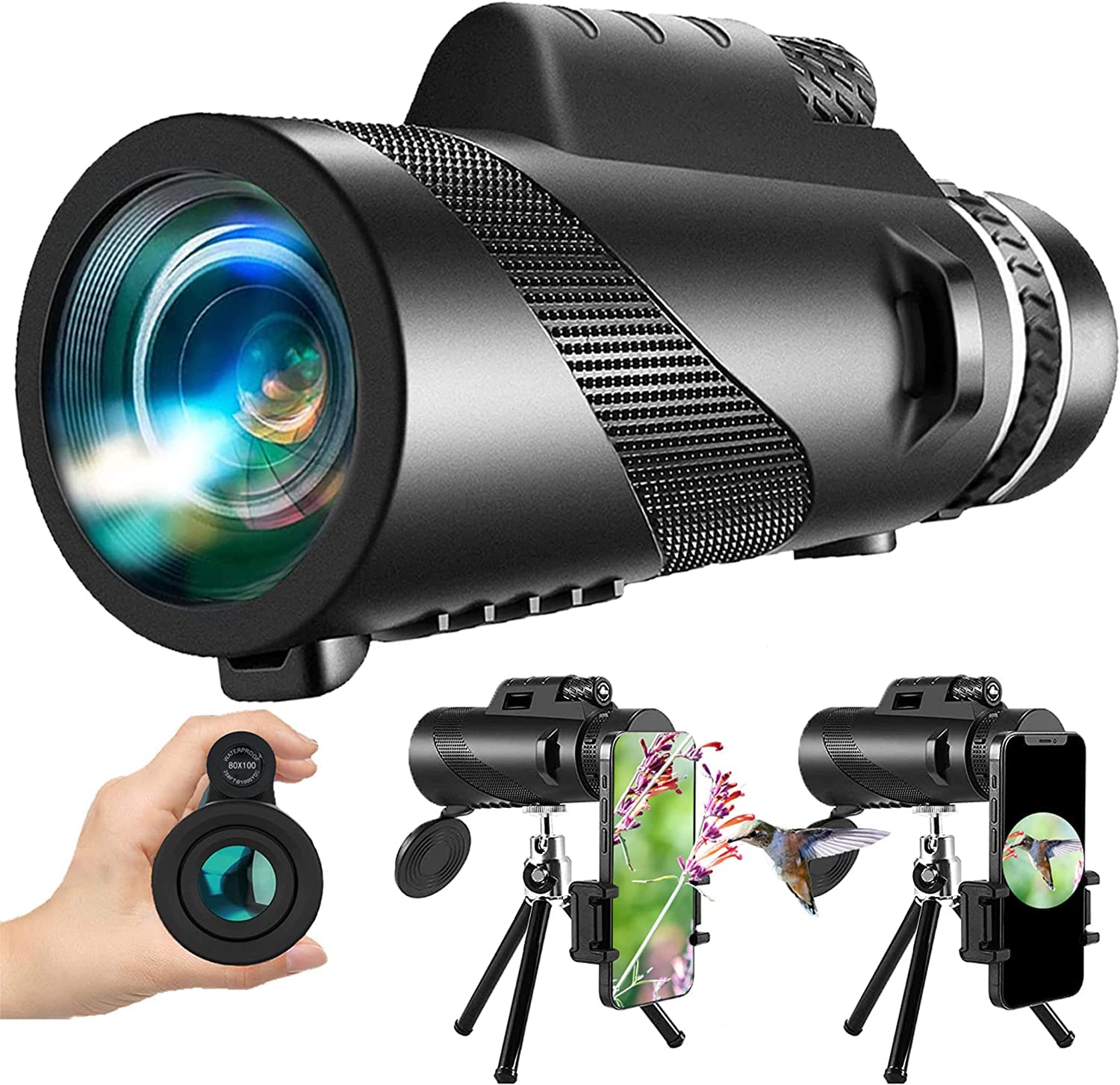 80x100 Monocular-Telescope High Powered for Smartphone Monoculars for Adults High Definition Monocular Telescope for Stargazing Hunting Wildlife Bird Watching Travel Camping Hiking black