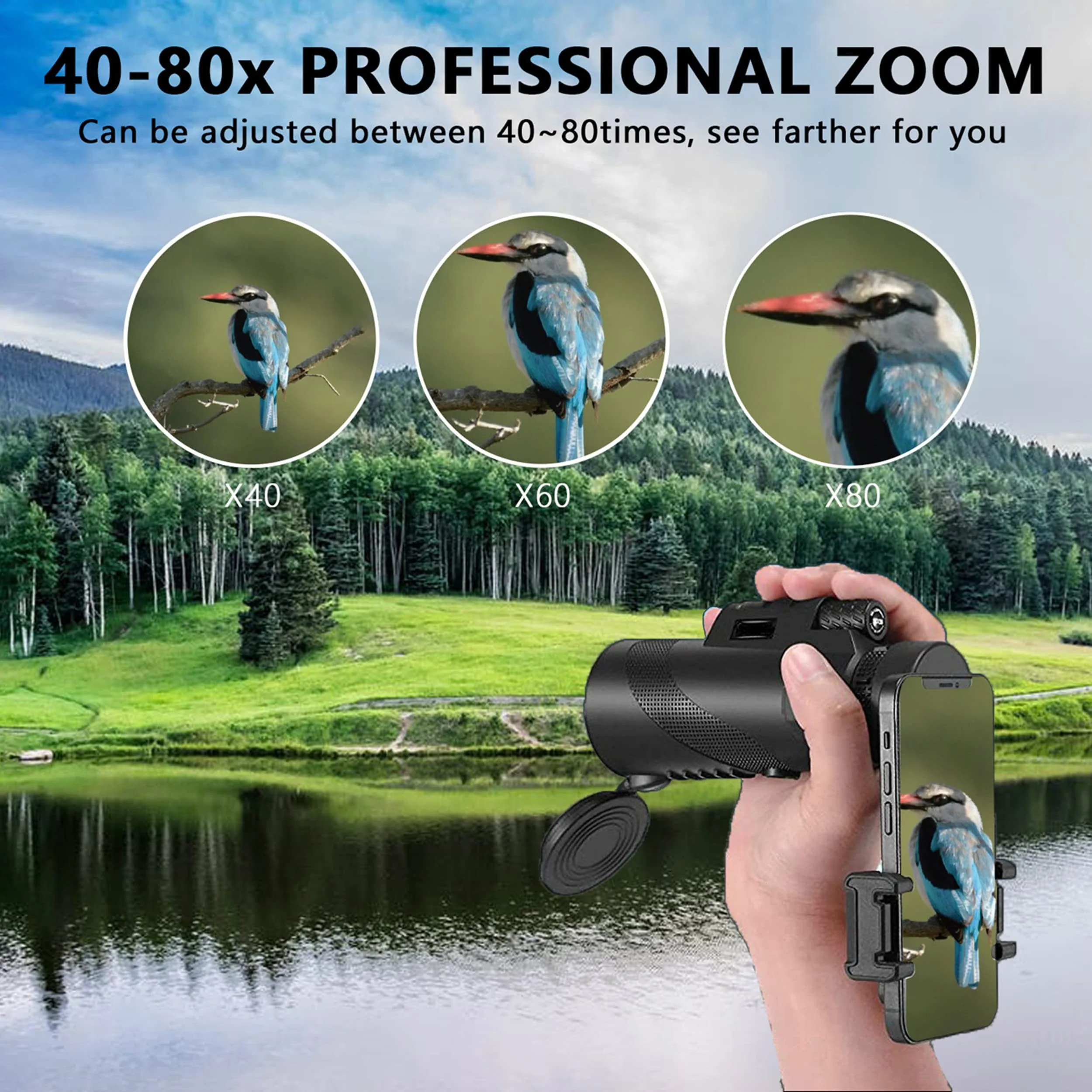 80x100 Monocular-Telescope High Powered for Smartphone Monoculars for Adults High Definition Monocular Telescope for Stargazing Hunting Wildlife Bird Watching Travel Camping Hiking Black-hu7 - Image 5