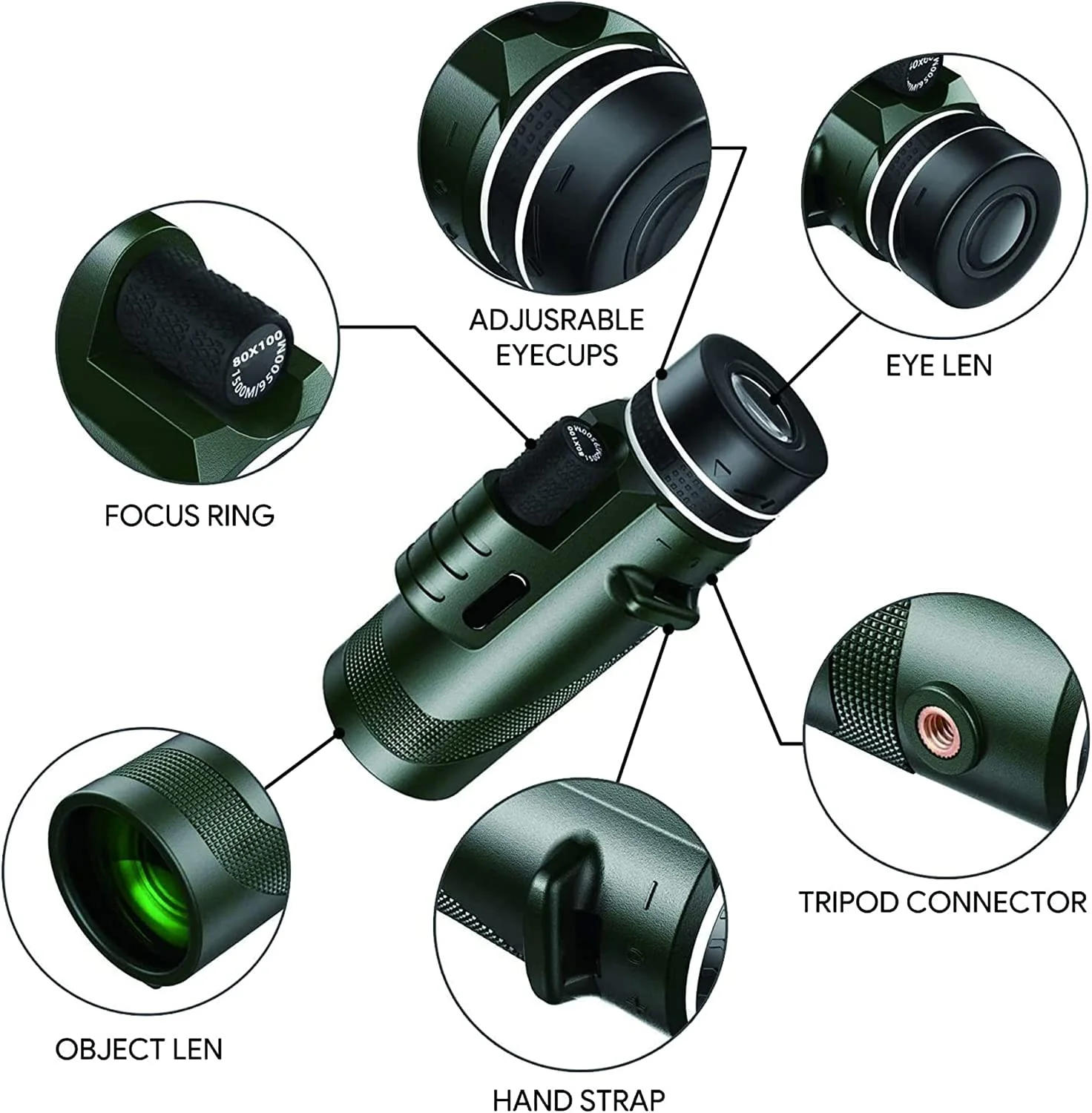 80x100 Monocular-Telescope High Powered Monocular for Adults Monocular for Smartphone Adapter Monocular Telescope Hunting Wildlife Bird Watching Travel Camping Hiking Green - Image 2