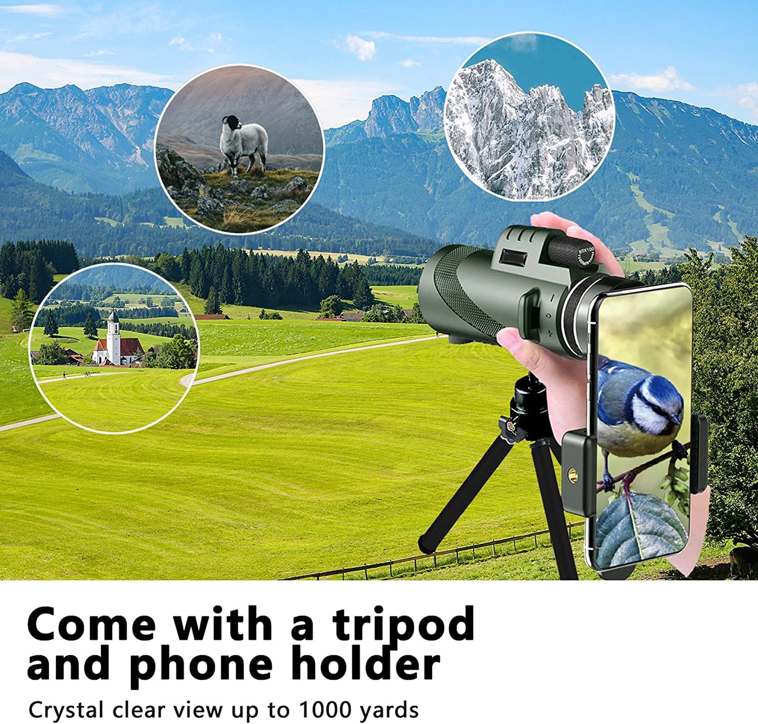 80x100 Monocular-Telescope High Powered Monocular for Adults Monocular for Smartphone Adapter Monocular Telescope Hunting Wildlife Bird Watching Travel Camping Hiking Green - Image 4