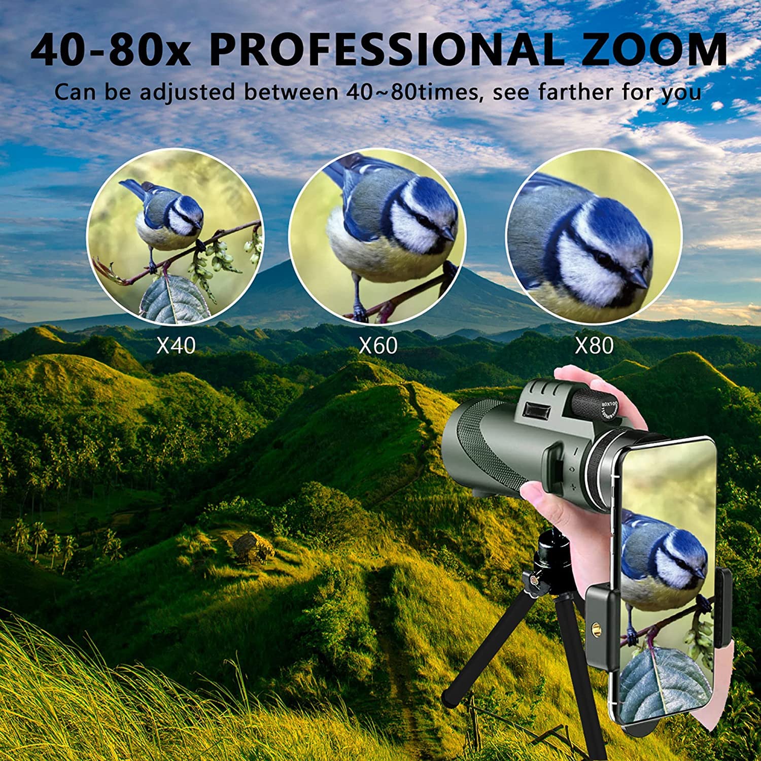 80x100 Monocular-Telescope High Powered Monocular for Adults Monocular for Smartphone Adapter Monocular Telescope Hunting Wildlife Bird Watching Travel Camping Hiking Green - Image 5