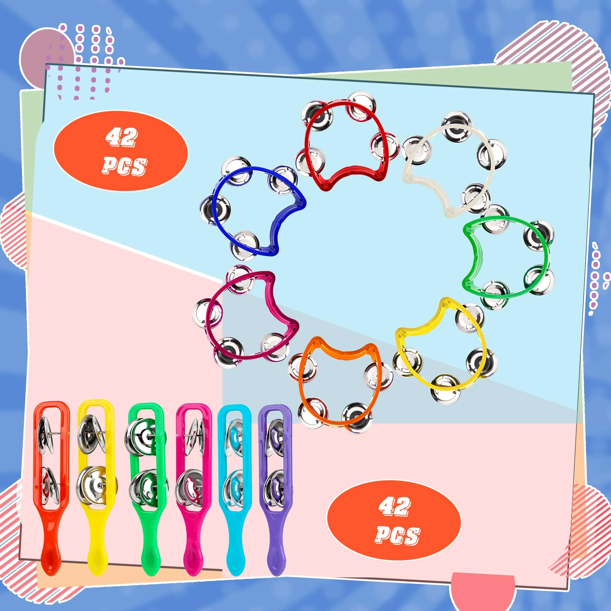 84 Pcs Shaker Musical Instruments for Kids 42 Plastic Handheld Tambourine Bells 42 Colorful Cymbals Percussion Noise Makers Rhythm Toy Set for Church Preschool Classroom - Image 3