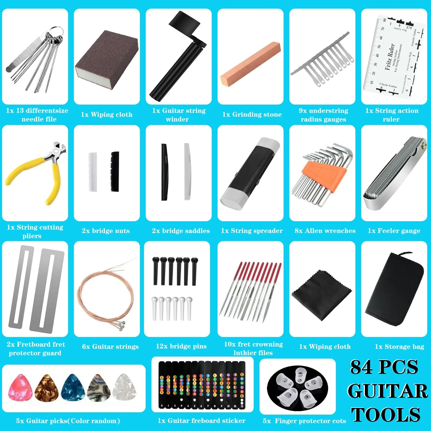 84Pcs Guitar Tool Kit, Guitar Cleaning Kit, Guitar Accessories Guitar Setup Kit, Guitar Repair Kit for Acoustic Electric Guitar Ukulele Bass Banjo, Guitar Maintenance Kit Guitar Gifts for Musicians - Image 2