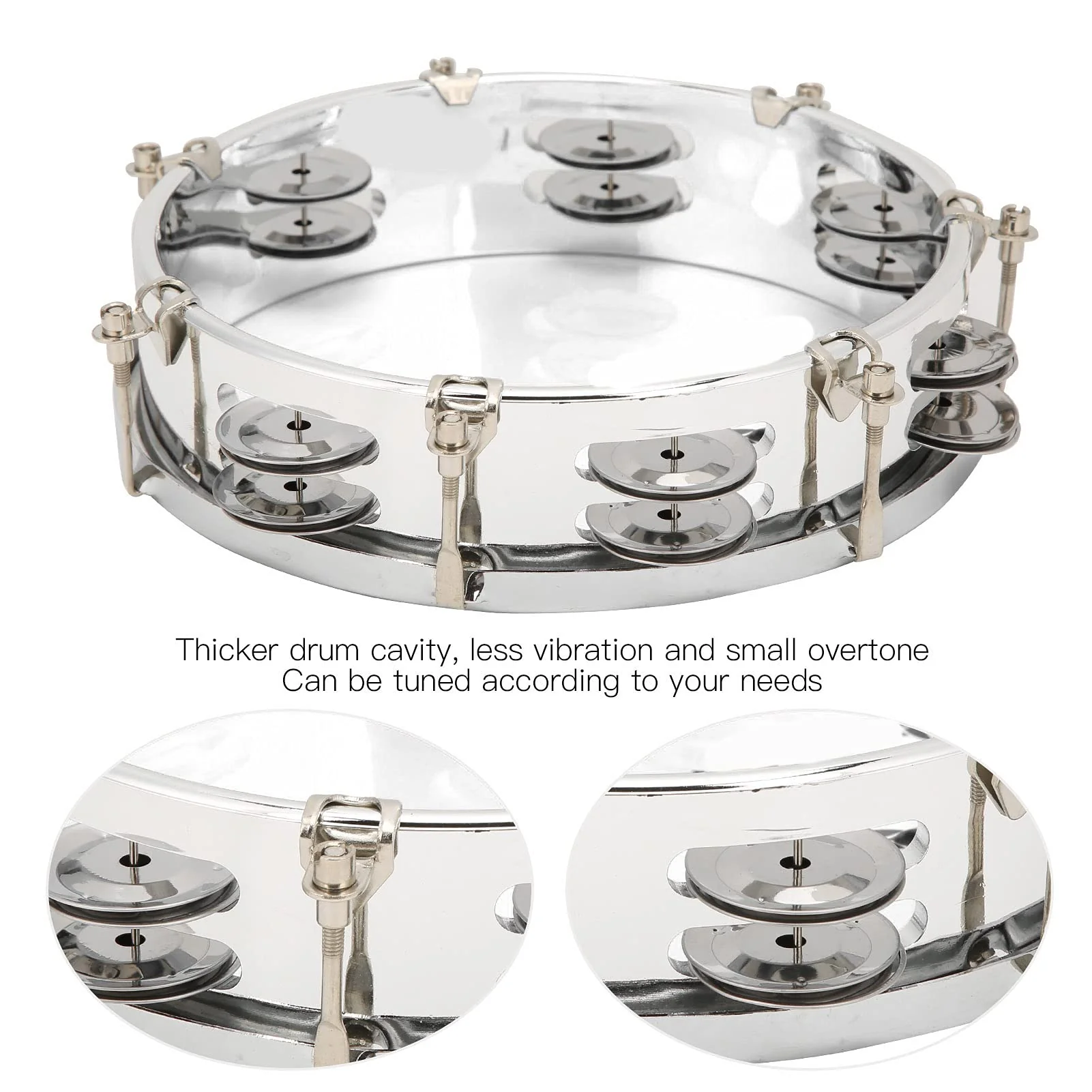 8in Tambourine Adjustable Tone Hand Drum Hand Held Percussion Educational Musical Instrument Cymbal Bells Double Row Jingle Bells with Drum Key(Transparent) Transparent - Image 2