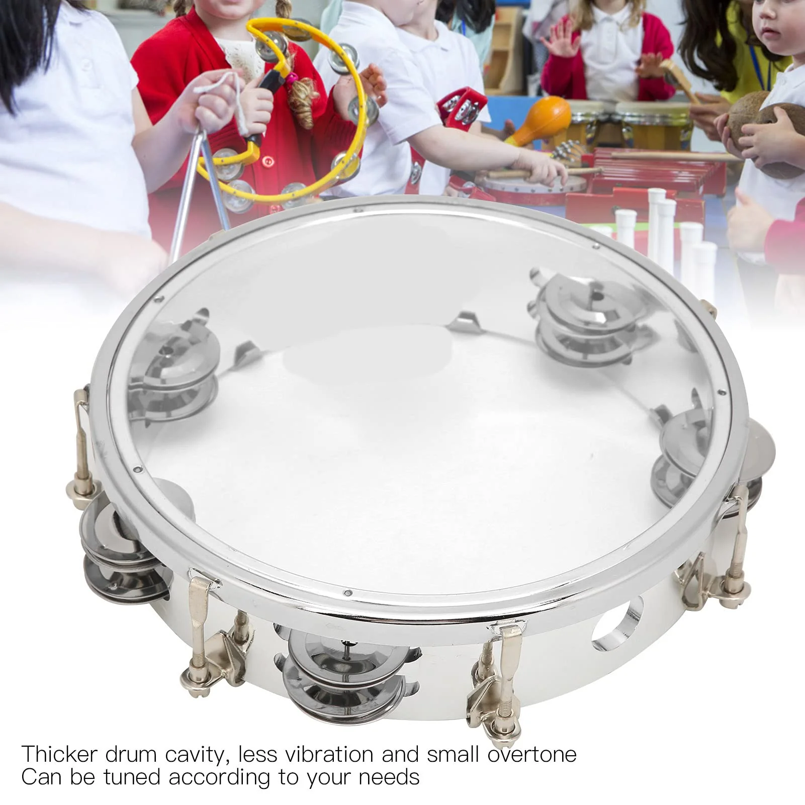 8in Tambourine Adjustable Tone Hand Drum Hand Held Percussion Educational Musical Instrument Cymbal Bells Double Row Jingle Bells with Drum Key(Transparent) Transparent - Image 3