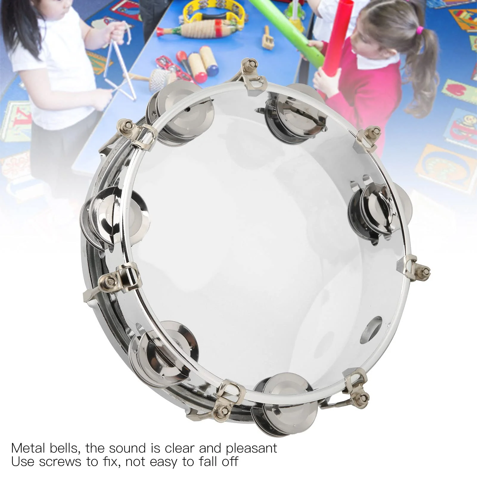 8in Tambourine Adjustable Tone Hand Drum Hand Held Percussion Educational Musical Instrument Cymbal Bells Double Row Jingle Bells with Drum Key(Transparent) Transparent - Image 4