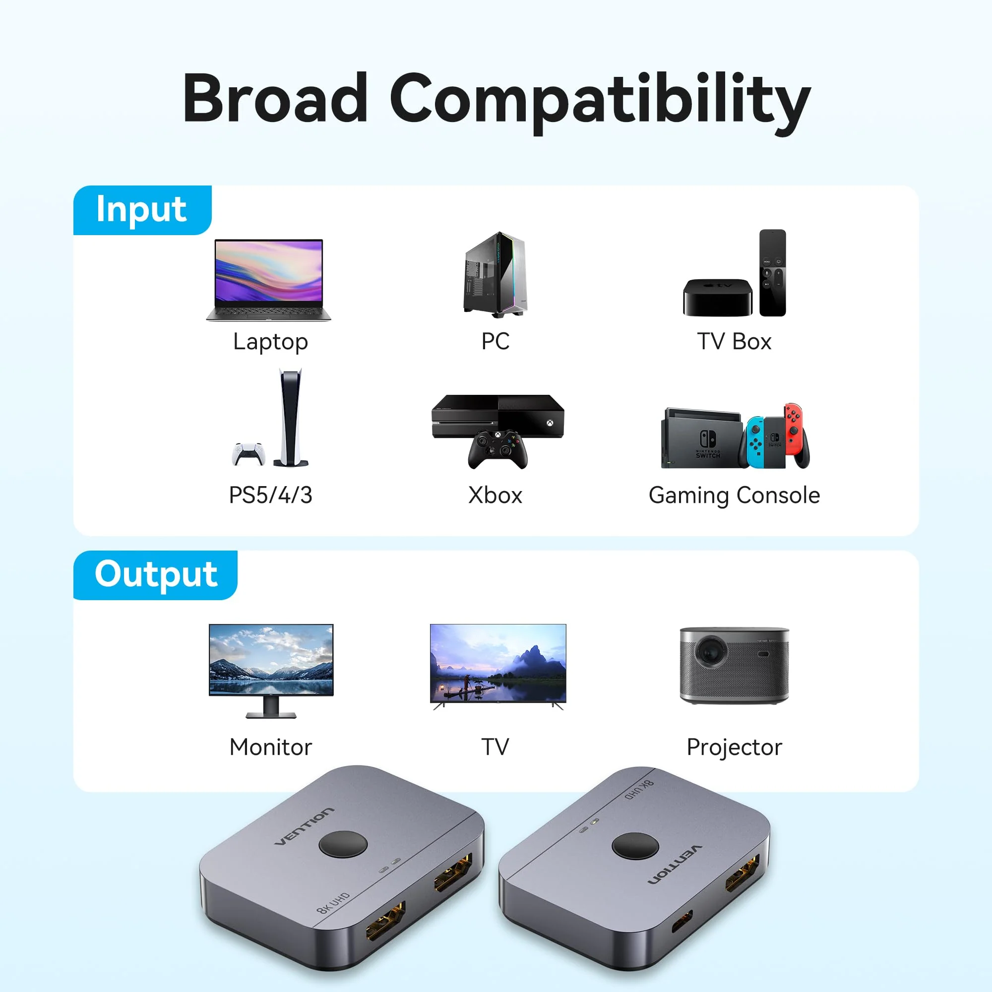 8K HDMI Splitter 1 in 2 Out, HDMI Switch 4K 120Hz with LED Indicators/HDMI 2.1 Switch/HDMI Splitter 2 in 1 Out/HDMI Switcher Support 8K 4K 3D HDR for Xbox PS5/4/3 Blu-Ray TV/Player/Laptop PC - Image 6