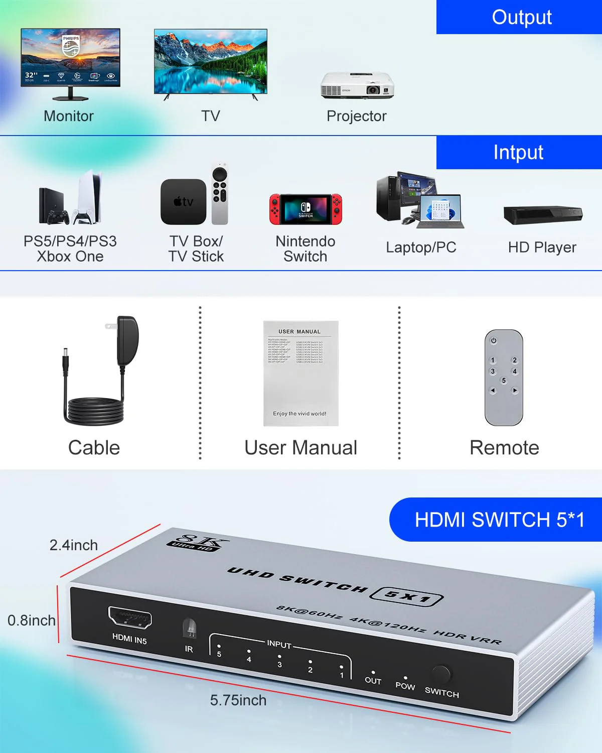 8K HDMI Splitter 5 in 1 Out HDMI Switch - 4k 120Hz HDMI 2.1 Switch Box Port Expander Selector with Remote Support 3D/HDR/HDCP2.3 Vision, Compatible with PS 5/4/3 Xbox Switch DVD Player TV PC - Image 8