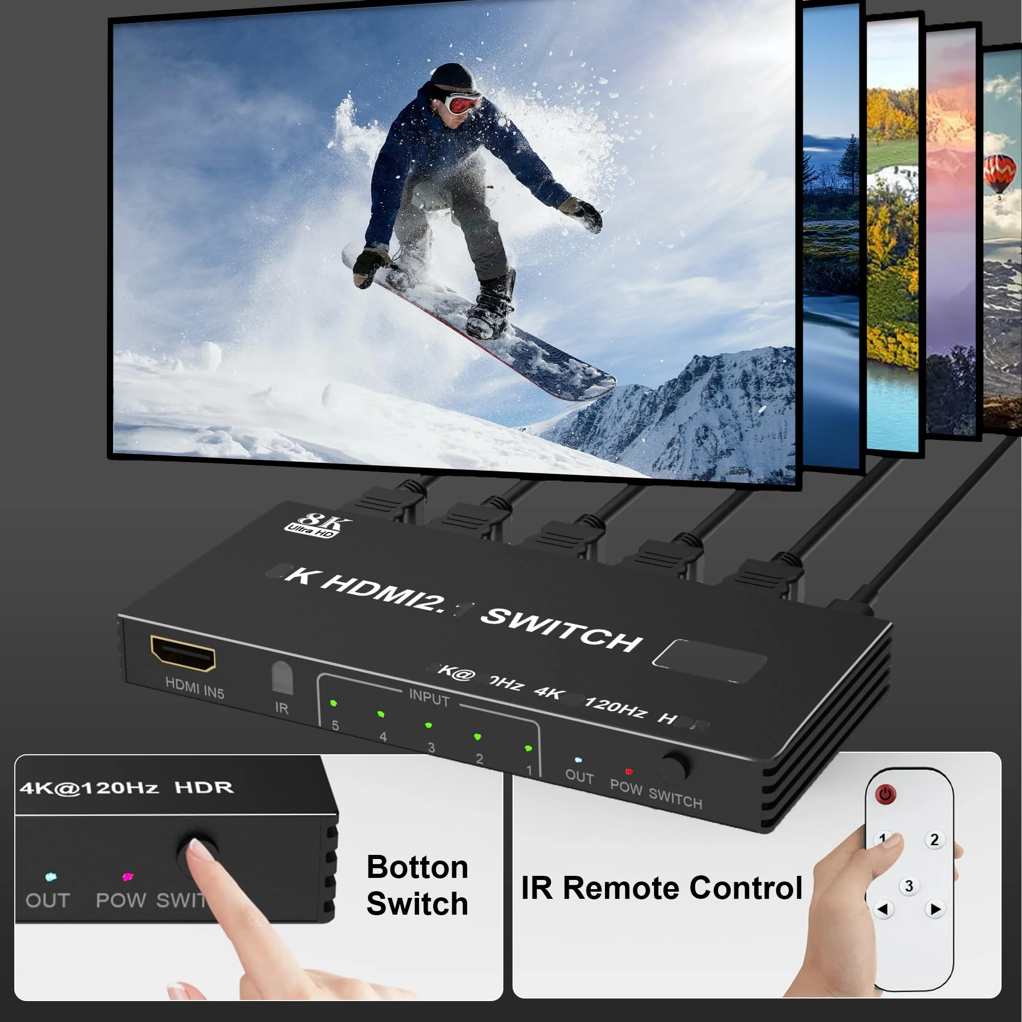 8K HDMI Splitter HDMI Switch 4K 120Hz - 5 in 1 Out hdmi switcher 8K 60Hz 4K 120Hz Splitter with Remote 3D HDR10+ HDCP 2.3 CEC, Use for PS5/4/3 Xbox Nintendo Switch DVD Roku Apple TV Fire Stick PC - Image 5