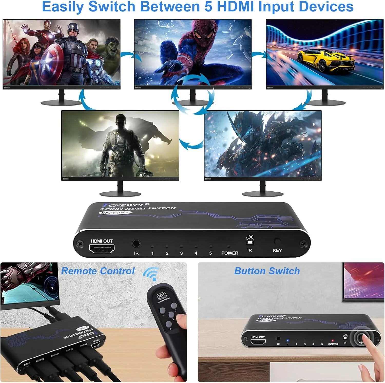 8K HDMI Switch 5 in 1 Out, HDMI Hub 8K@60Hz 4K@120Hz, HDMI 2.1 Selector Compatible with PS5 PS4 Xbox PC - Image 3