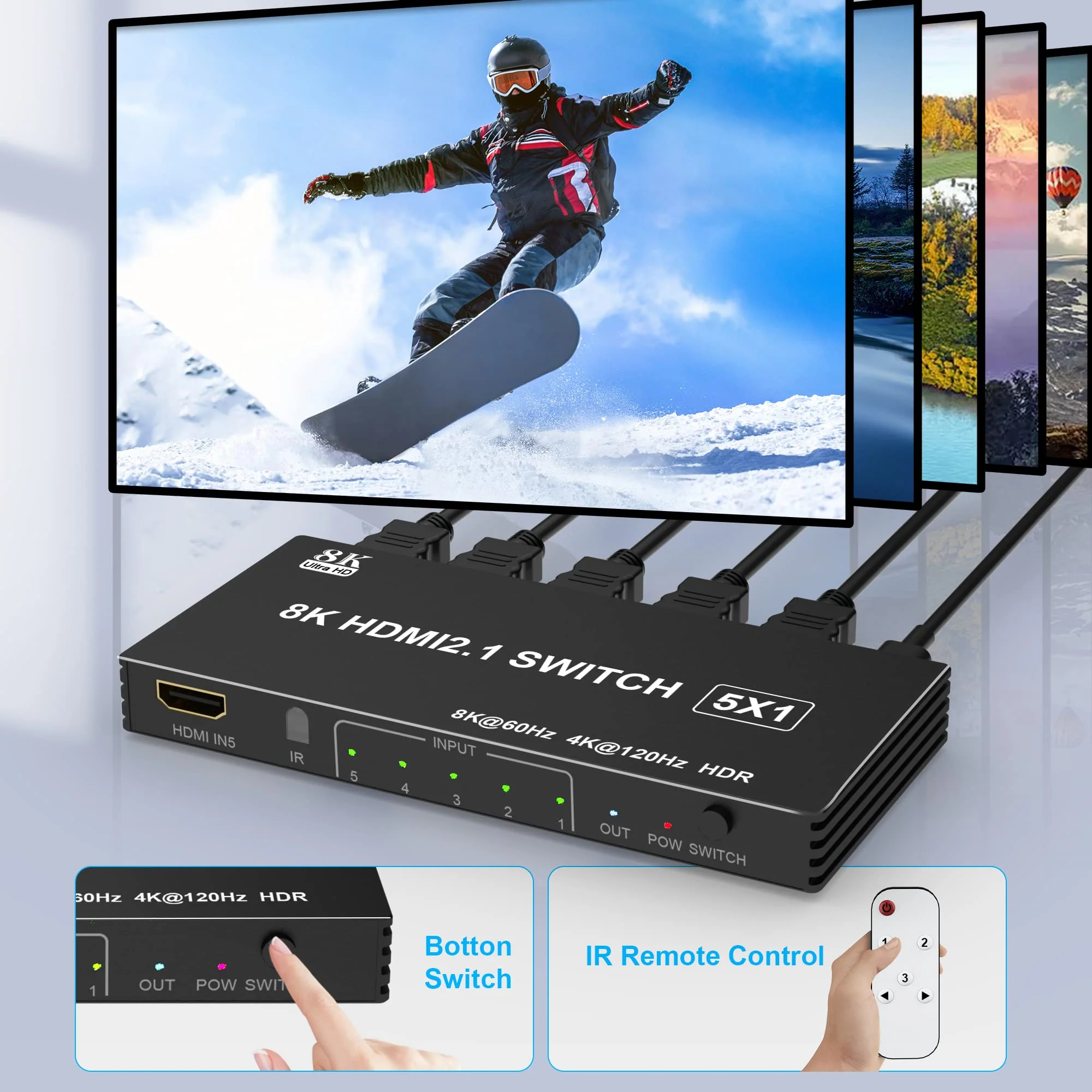 8K HDMI Switch 5 in 1 Out HDMI Splitter - 8K@60Hz/4K@120Hz HDMI Switcher 5 Port with IR Remote for Xbox PS4 PC TV - Image 4