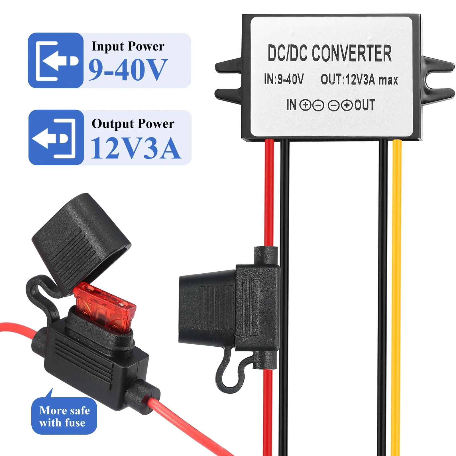 9-40V to 12V 3A Power Converter - Waterproof 36W Voltage Transformer for Truck/RV, CCTV Systems (CE Certified) Black DC/DC 9-40V to 12V3A - Image 2