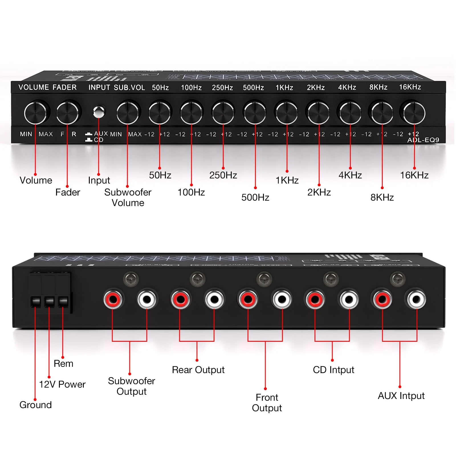 9-Band Car Audio Equalizer, Car Graphic Equalizer EQ W/Front, Rear +Sub Output, 8V RMS Line Driver, Frequency Adjustable Audio Output for Car, Boat W/CD/AUX Input, White Light Illumination 9 - Band - Image 3