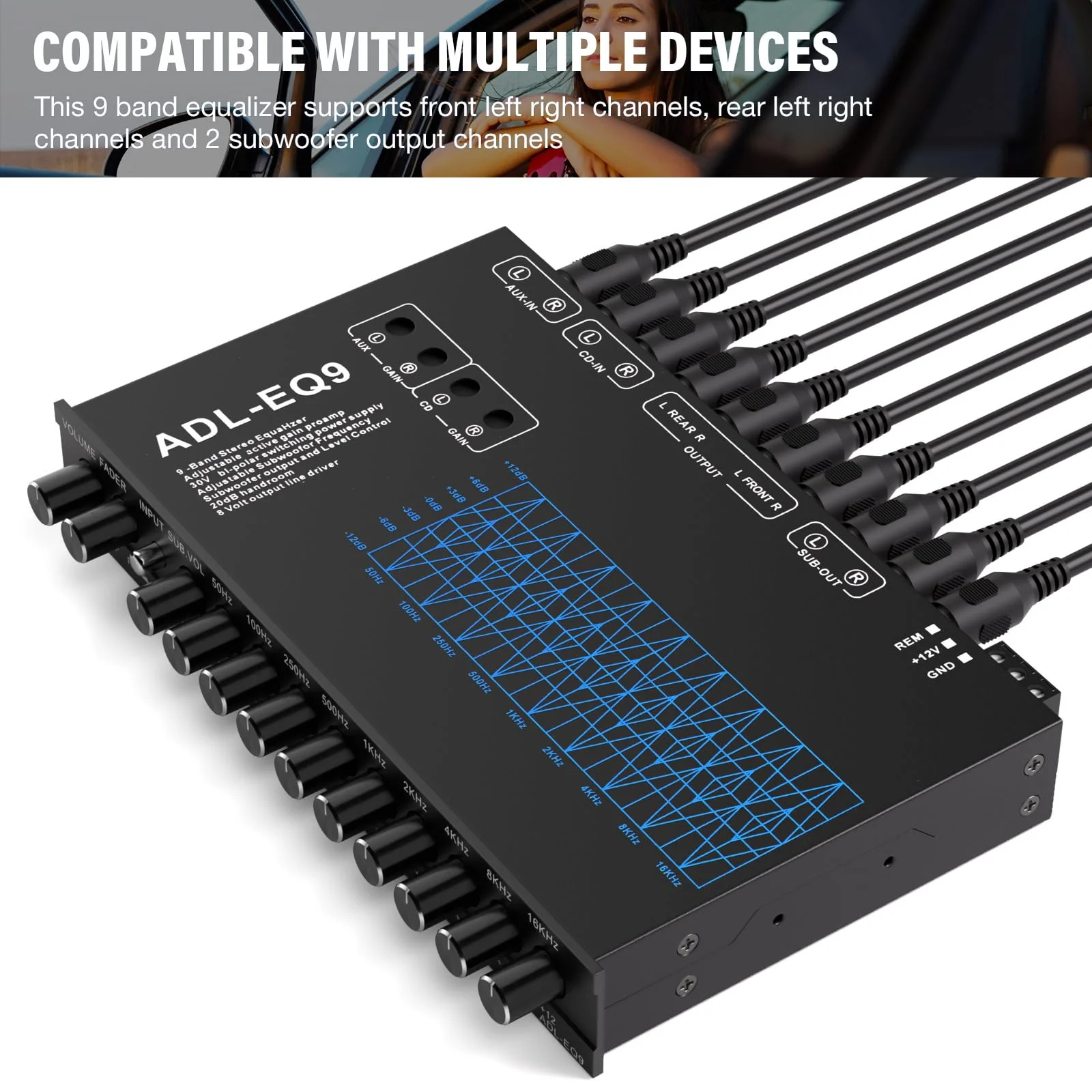 9-Band Car Audio Equalizer, Car Graphic Equalizer EQ W/Front, Rear +Sub Output, 8V RMS Line Driver, Frequency Adjustable Audio Output for Car, Boat W/CD/AUX Input, White Light Illumination 9 - Band - Image 4