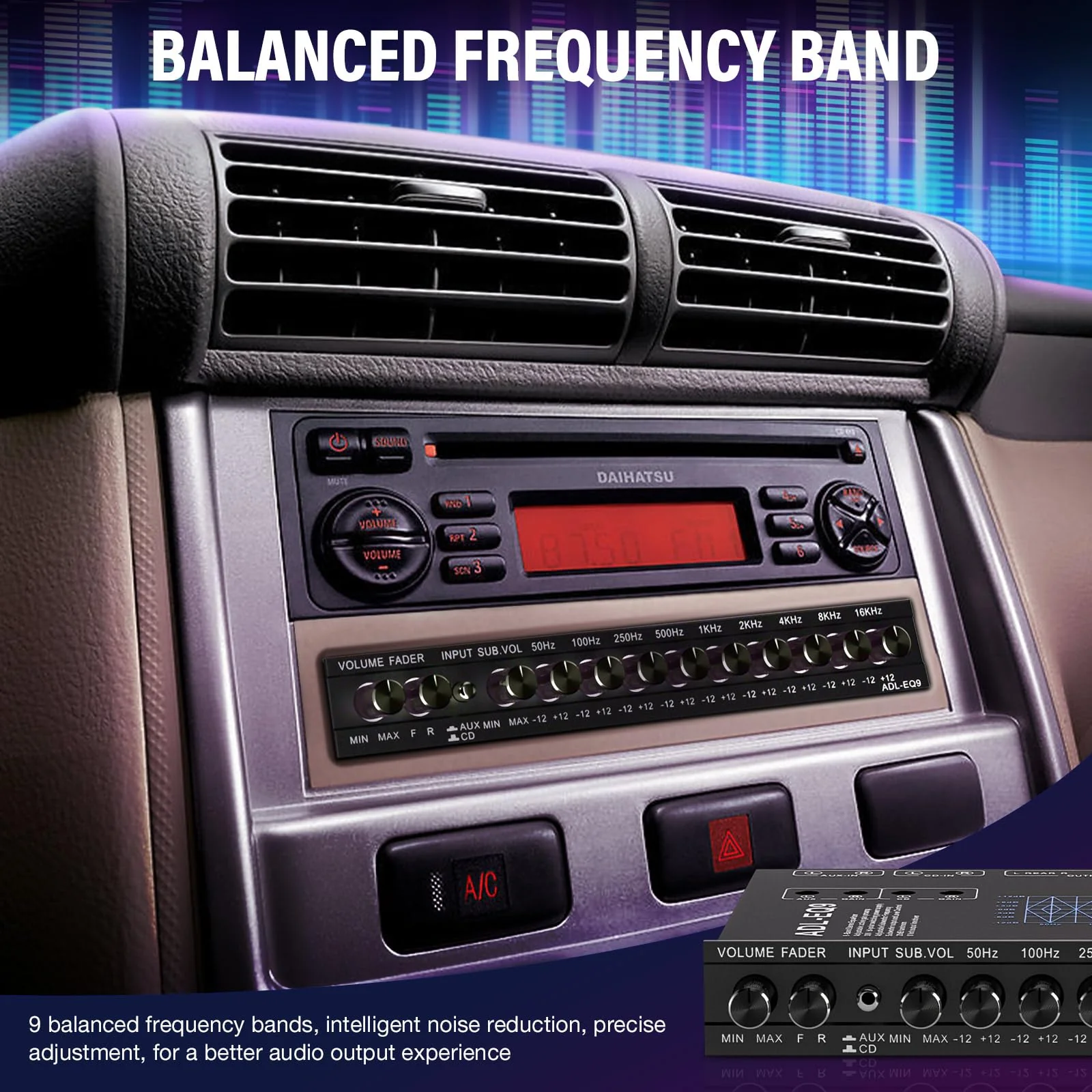 9-Band Car Audio Equalizer, Car Graphic Equalizer EQ W/Front, Rear +Sub Output, 8V RMS Line Driver, Frequency Adjustable Audio Output for Car, Boat W/CD/AUX Input, White Light Illumination 9 - Band - Image 5