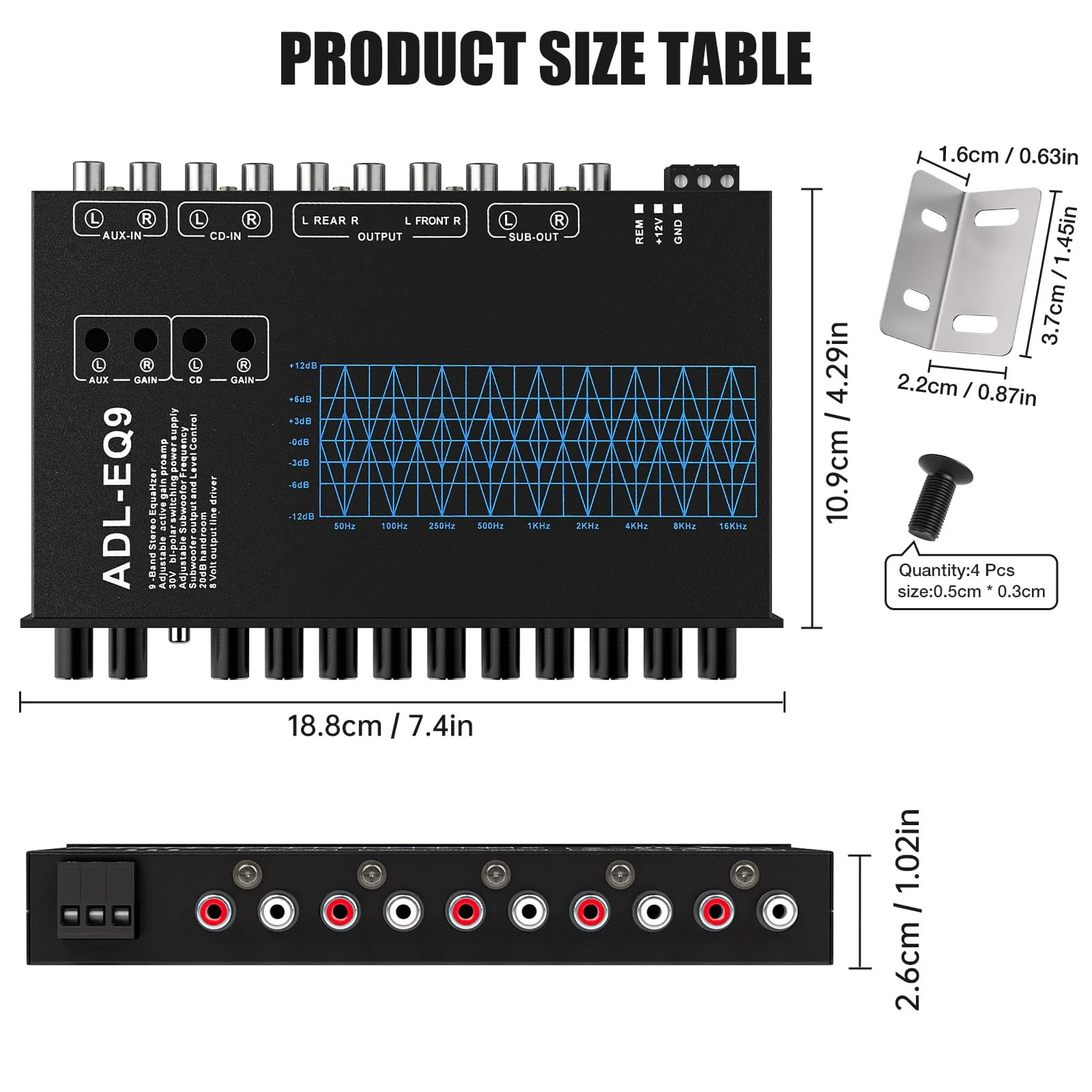 9-Band Car Audio Equalizer, Car Graphic Equalizer EQ W/Front, Rear +Sub Output, 8V RMS Line Driver, Frequency Adjustable Audio Output for Car, Boat W/CD/AUX Input, White Light Illumination 9 - Band - Image 6