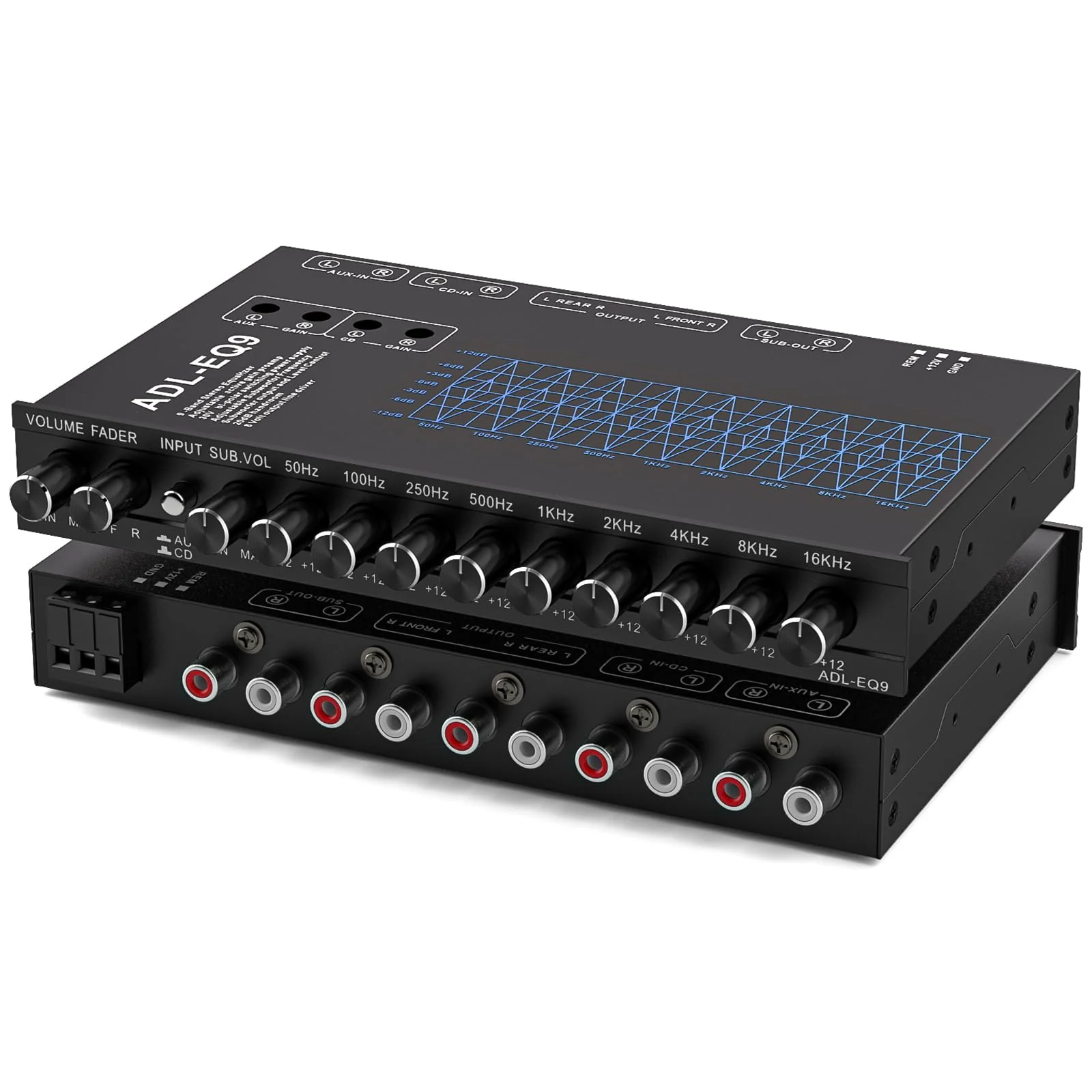 9-Band Car Audio Equalizer, Car Graphic Equalizer EQ W/Front, Rear +Sub Output, 8V RMS Line Driver, Frequency Adjustable Audio Output for Car, Boat W/CD/AUX Input, White Light Illumination 9 - Band - Image 7