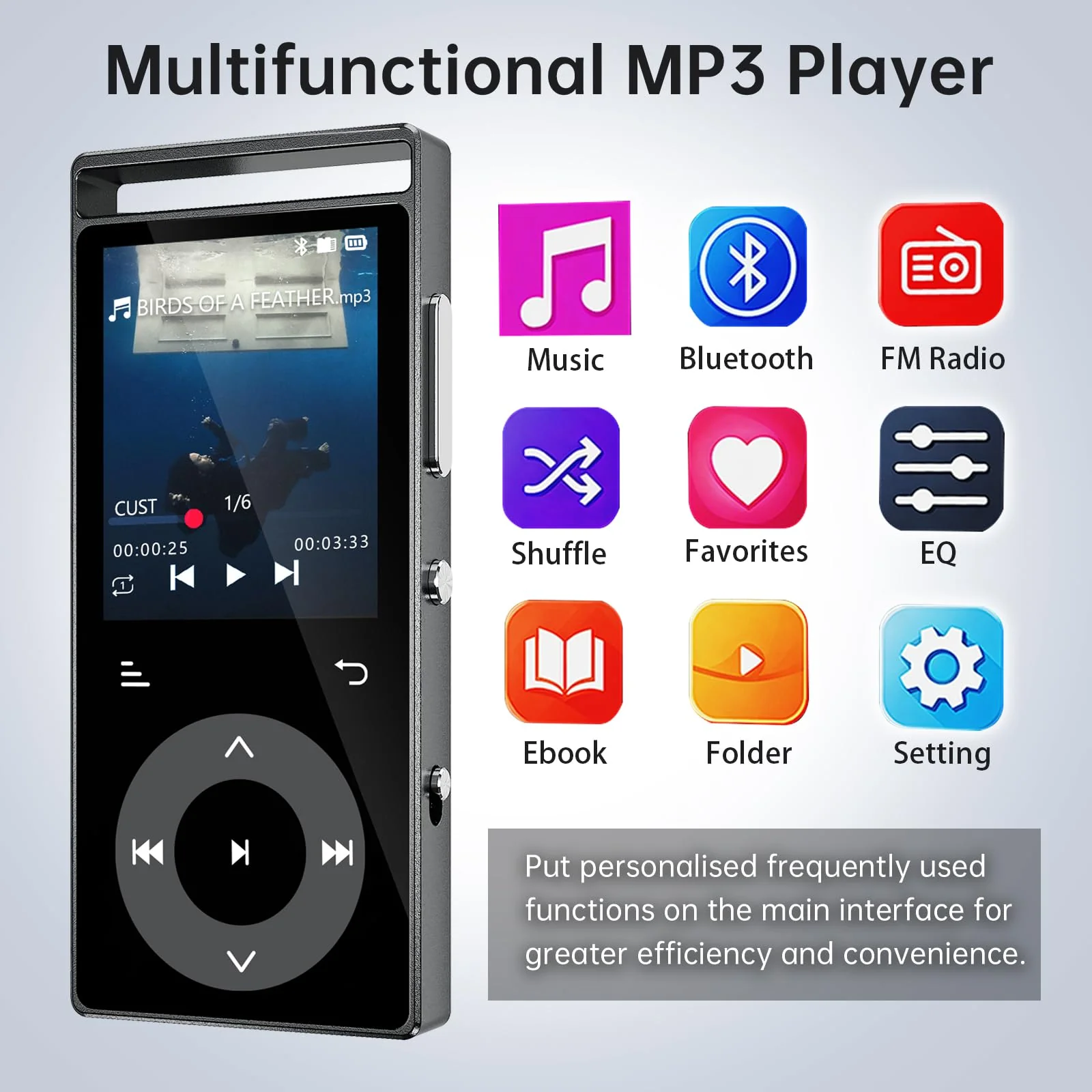90G MP3 Player with Bluetooth 5.3, MP3 Players Build-in Touch Buttons, E-Book, Color Screen, HiFi Sound Portable Music Player for Kids,Supports up to 128GB, Earphones Included (Black) Black - Image 3