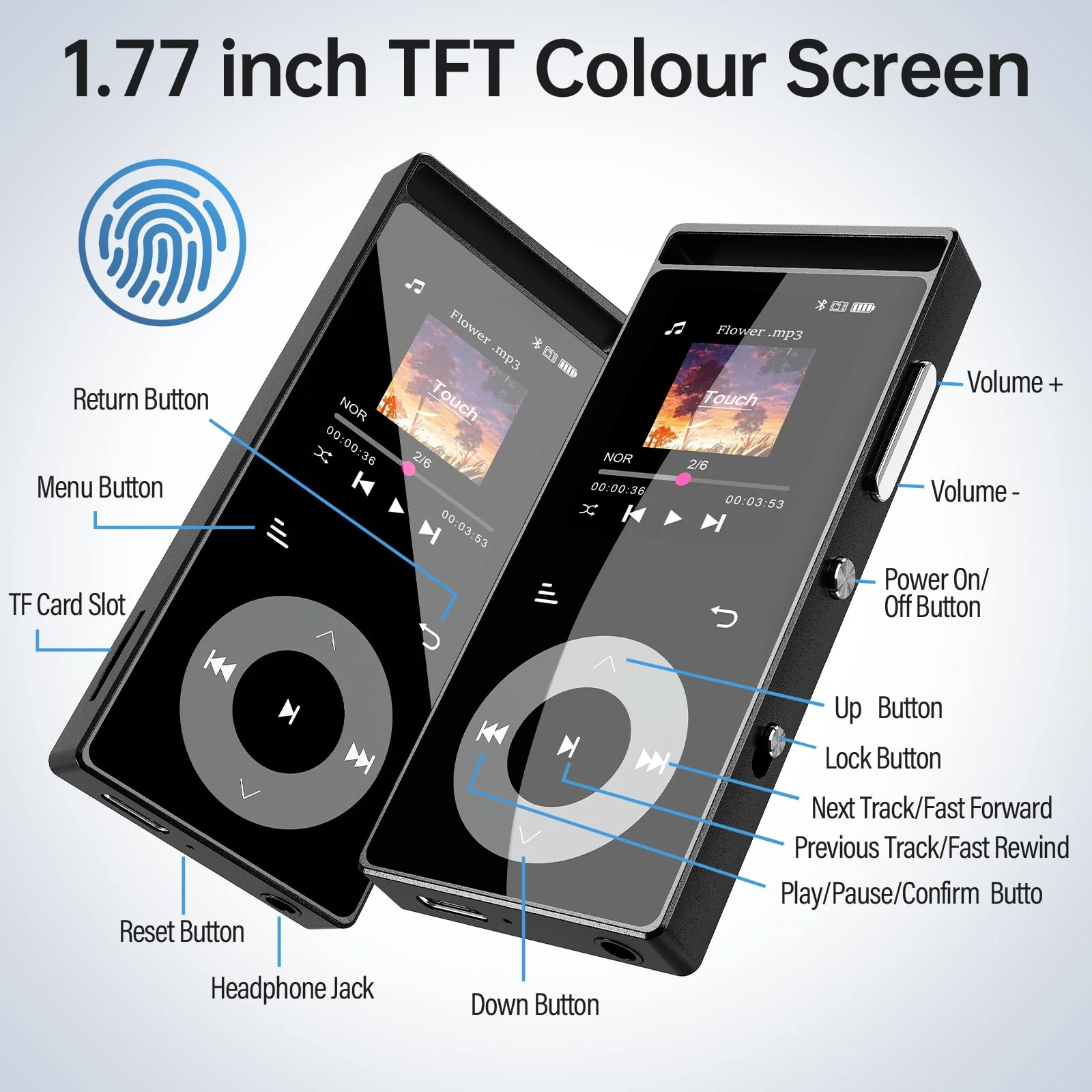 90G MP3 Player with Bluetooth 5.3, MP3 Players Build-in Touch Buttons, E-Book, Color Screen, HiFi Sound Portable Music Player for Kids,Supports up to 128GB, Earphones Included (Black) Black - Image 6