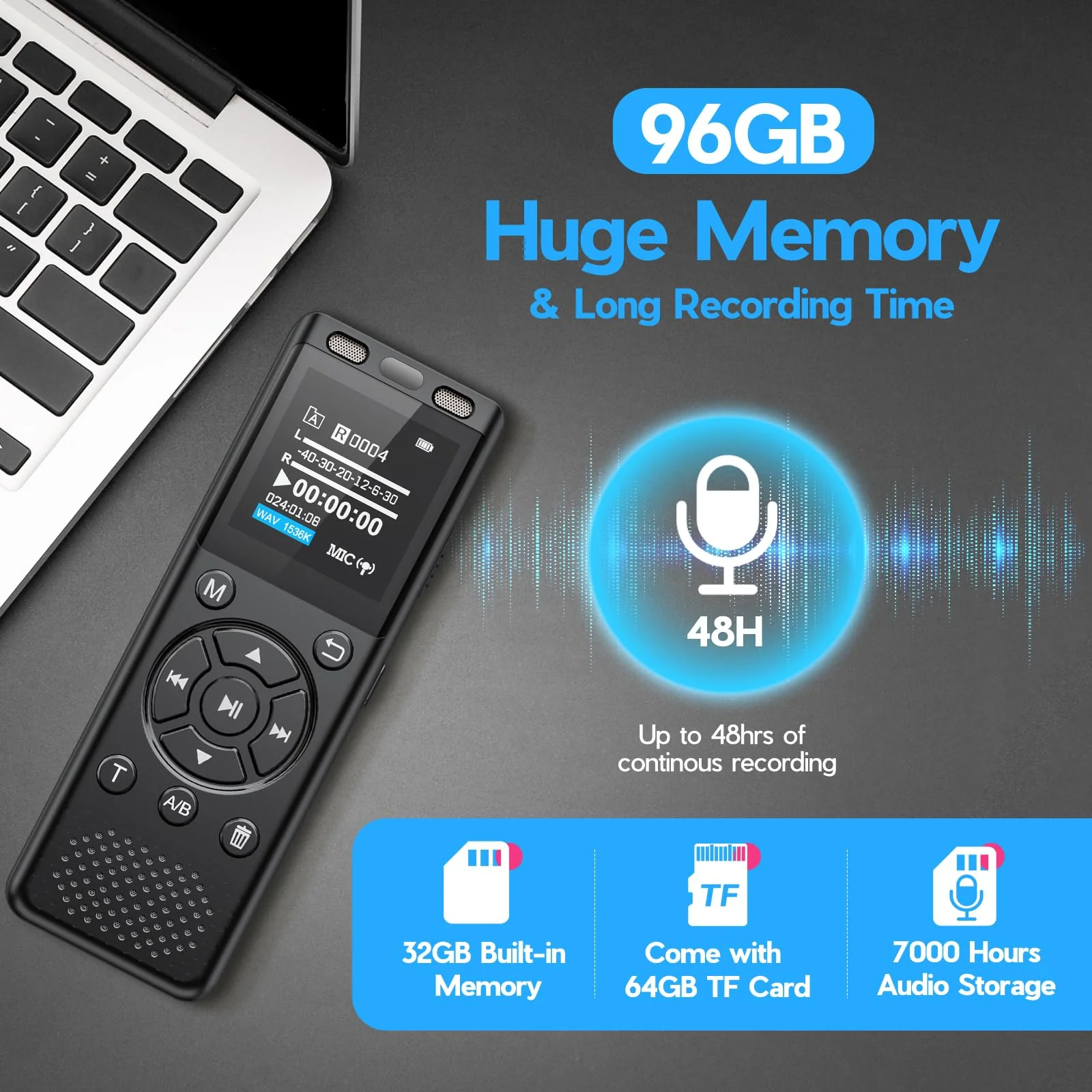 96GB Digital Voice Recorder One Click, HD Recording Easy Control Voice Recorder with Playback, Large Screen 7000 Hours Sound Audio Recorder Recording Tape for Lectures Meeting MP3 Player Black - Image 3