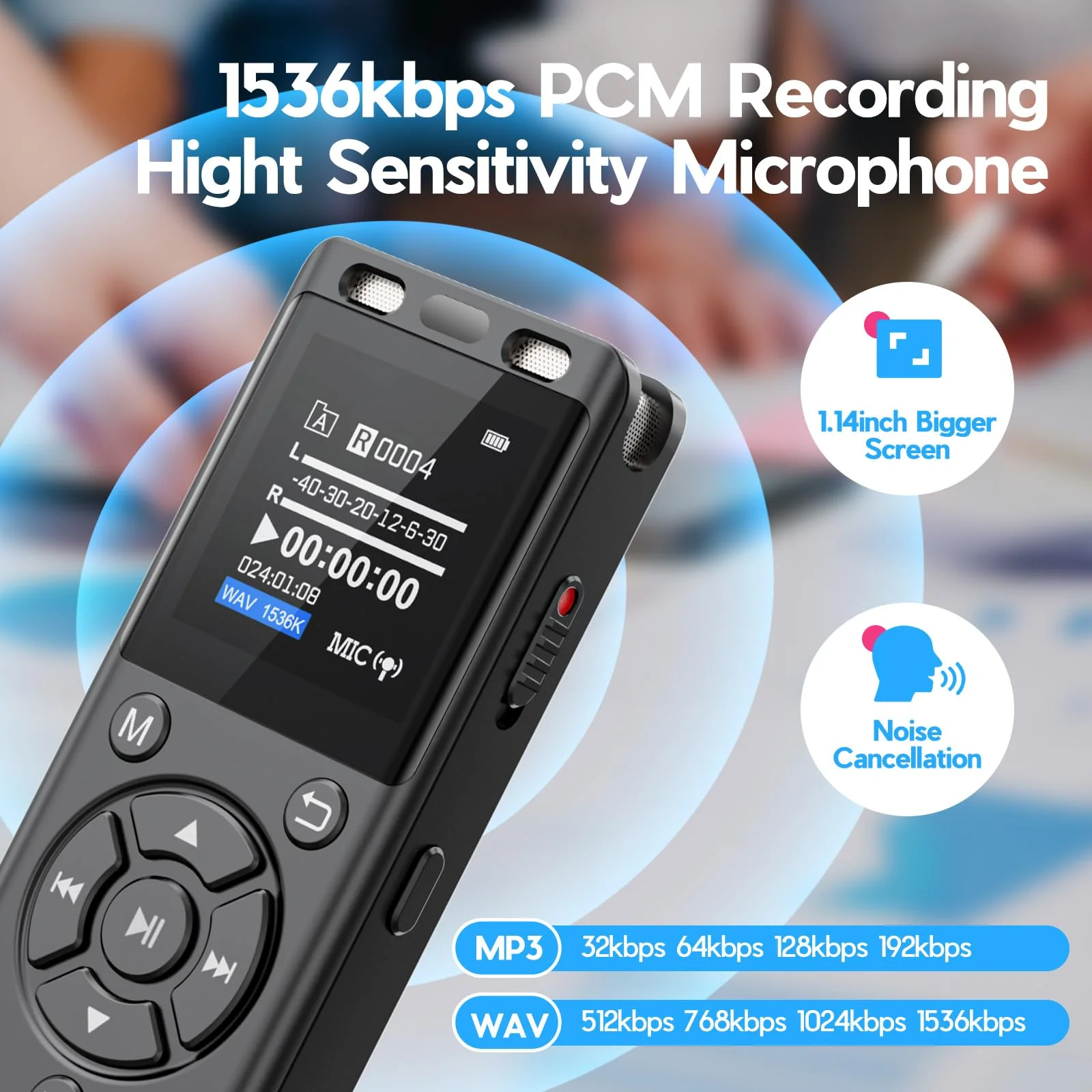 96GB Digital Voice Recorder One Click, HD Recording Easy Control Voice Recorder with Playback, Large Screen 7000 Hours Sound Audio Recorder Recording Tape for Lectures Meeting MP3 Player Black - Image 4
