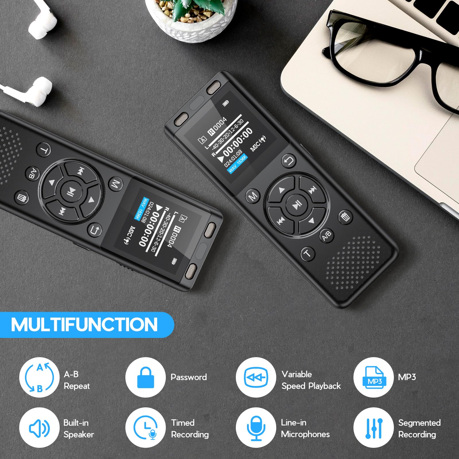 96GB Digital Voice Recorder One Click, HD Recording Easy Control Voice Recorder with Playback, Large Screen 7000 Hours Sound Audio Recorder Recording Tape for Lectures Meeting MP3 Player Black - Image 6