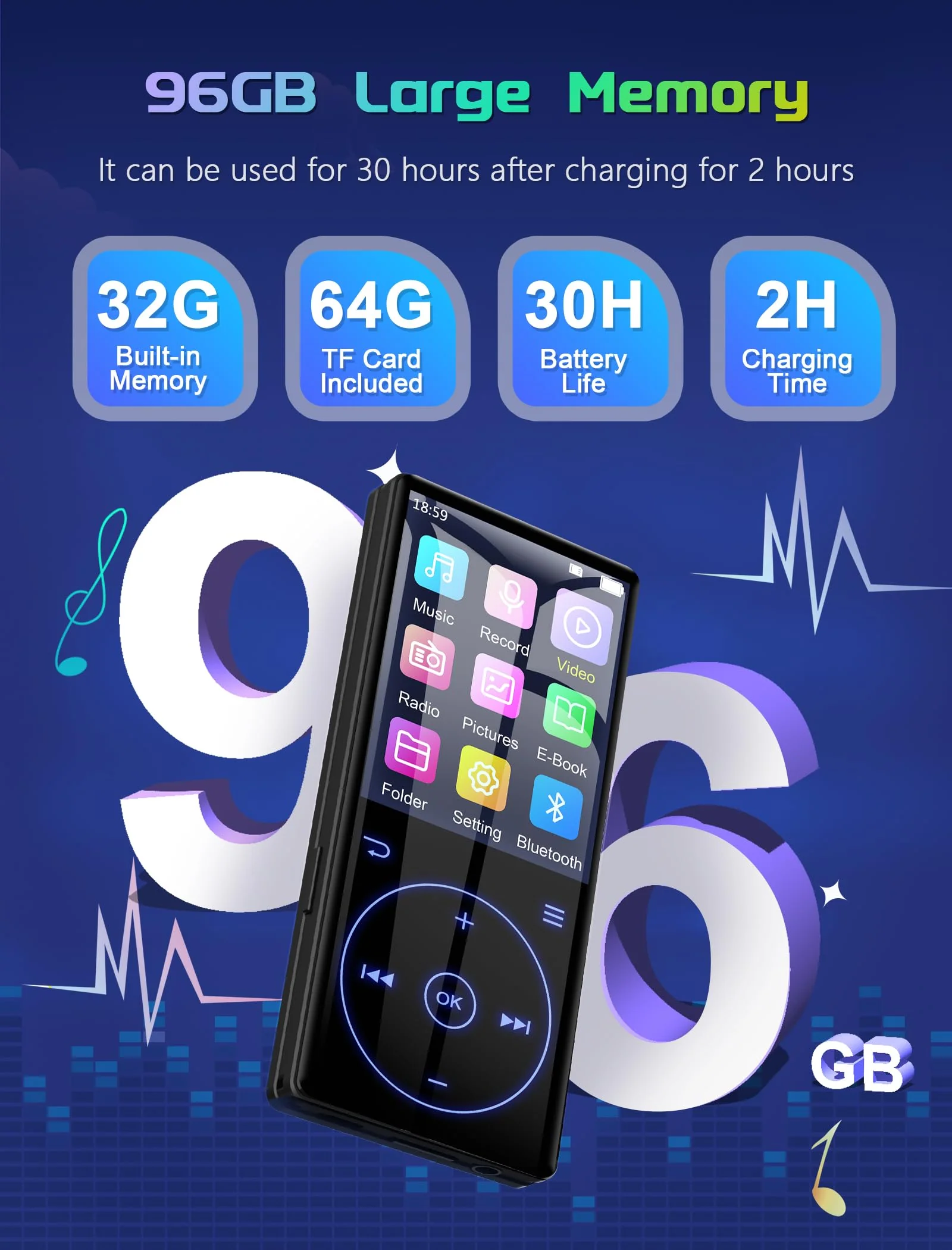 96GB MP3 Player with Bluetooth 5.0: Portable Lossless Sound Music Player with HD Speaker,2.4" Screen Voice Recorder,FM Radio,Touch Buttons,Support up to 64GB for Sport(Earphones&64GB TF Card Included) - Image 2