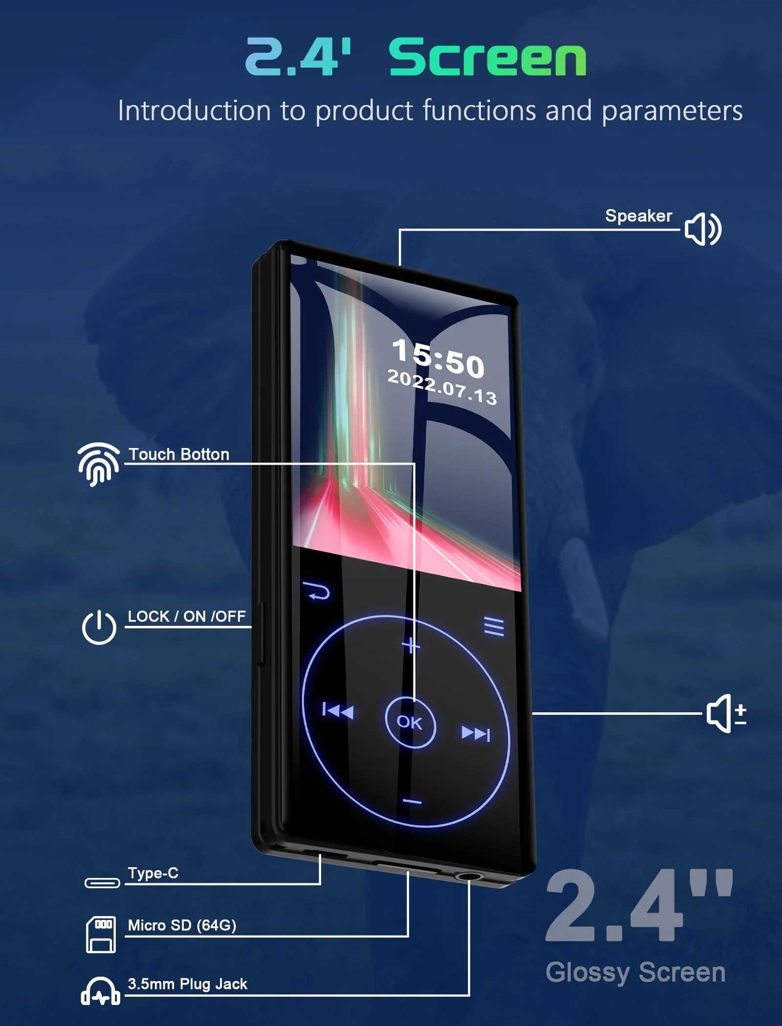 96GB MP3 Player with Bluetooth 5.0: Portable Lossless Sound Music Player with HD Speaker,2.4" Screen Voice Recorder,FM Radio,Touch Buttons,Support up to 64GB for Sport(Earphones&64GB TF Card Included) - Image 5