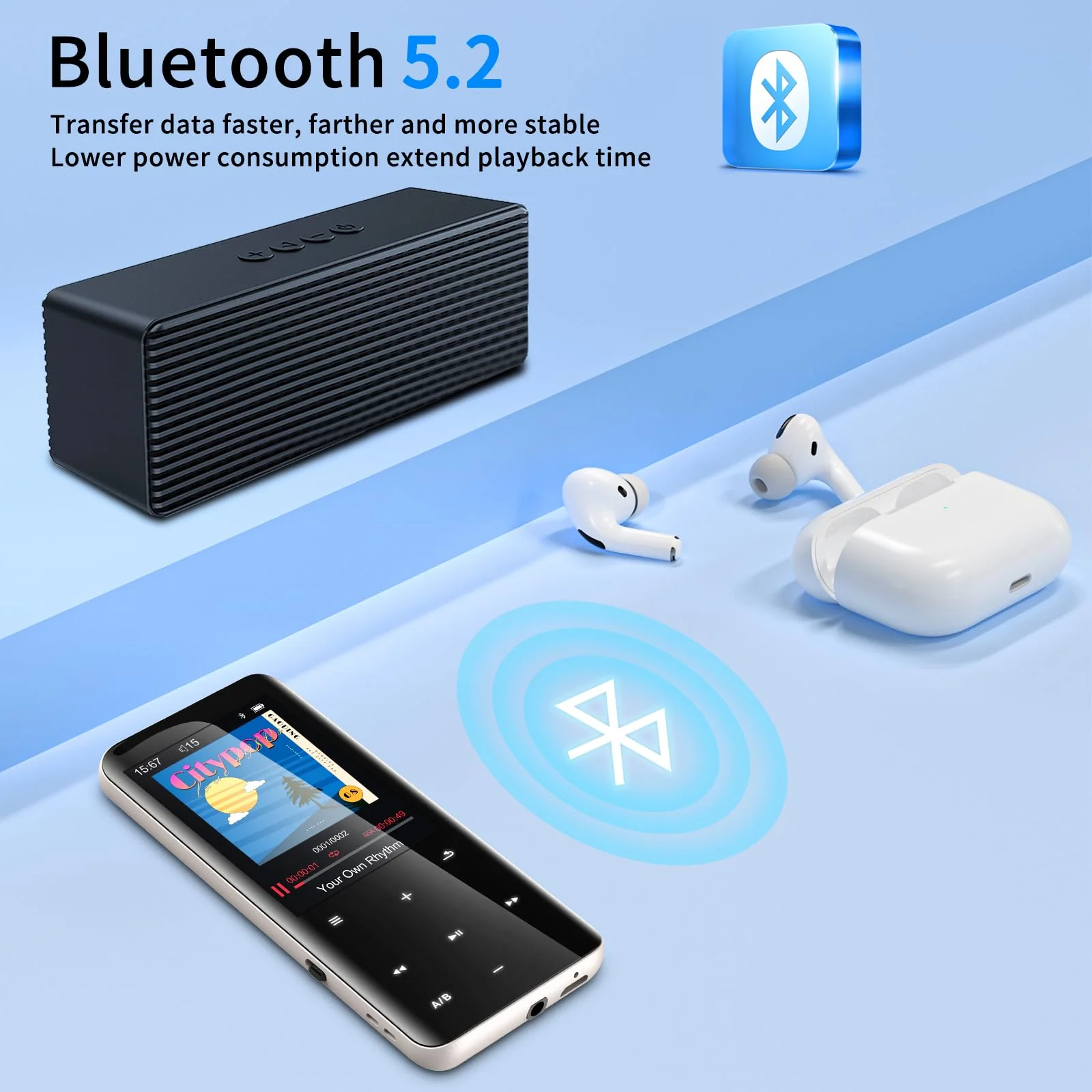 96GB MP3 Players, Music Player with Bluetooth 5.2, Volorful HiFi MP3 Digital Audio Players with HD Speaker, Mini Portable MP3 Player for Kids, Hiking, Traveling, Sports, FM Radio, Recorder (96GB) 96GB - Image 2