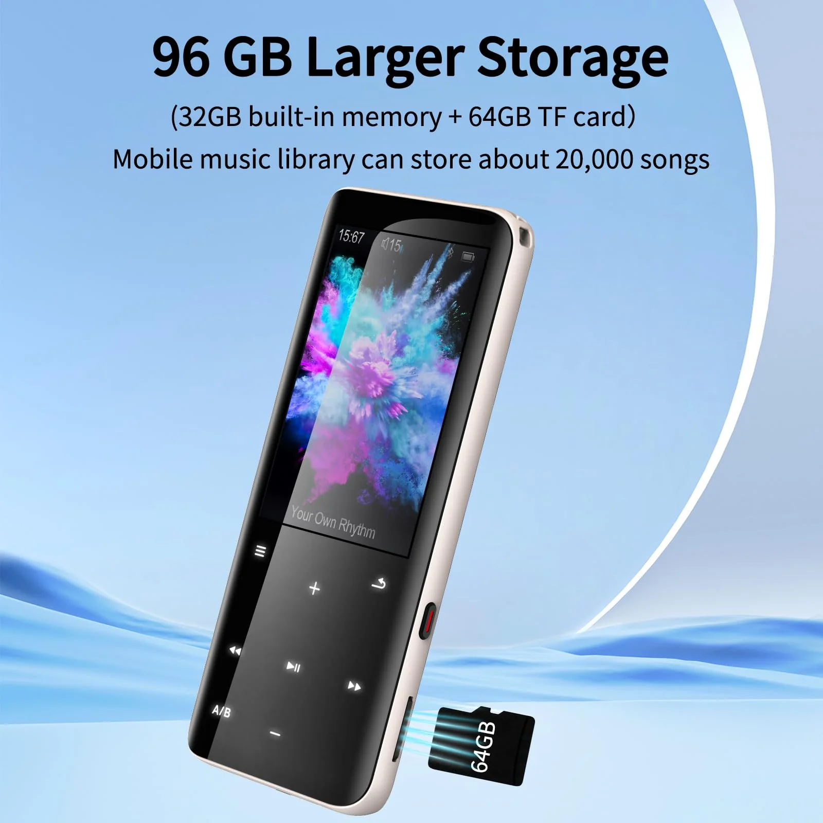 96GB MP3 Players, Music Player with Bluetooth 5.2, Volorful HiFi MP3 Digital Audio Players with HD Speaker, Mini Portable MP3 Player for Kids, Hiking, Traveling, Sports, FM Radio, Recorder (96GB) 96GB - Image 3