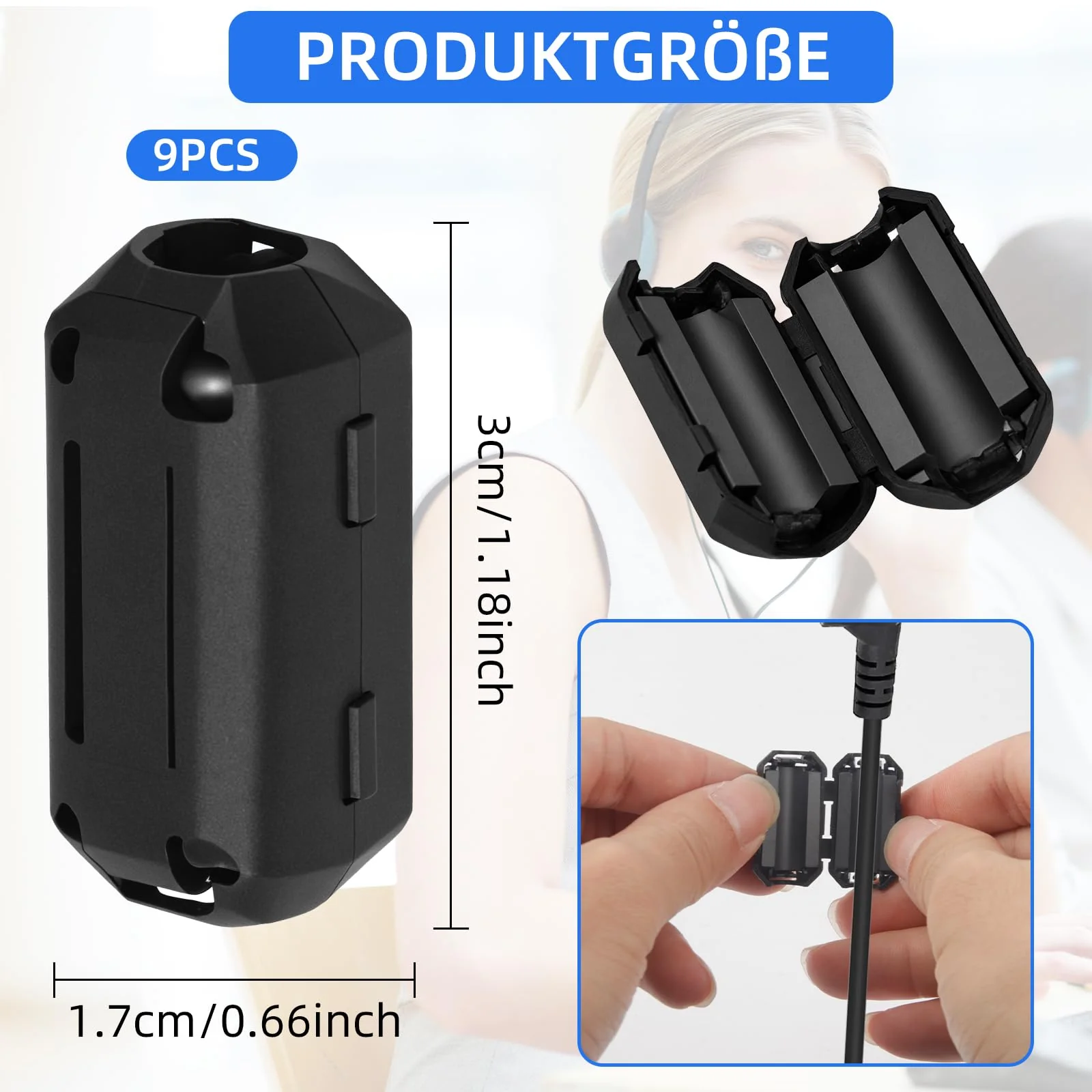 9pcs Ferrite Core for Cable, RFI EMI Folding Ferrite Core for USB Noise Reducer for 3mm/5mm/7mm/9mm/13mm Diameter Cables (Black) - Image 2