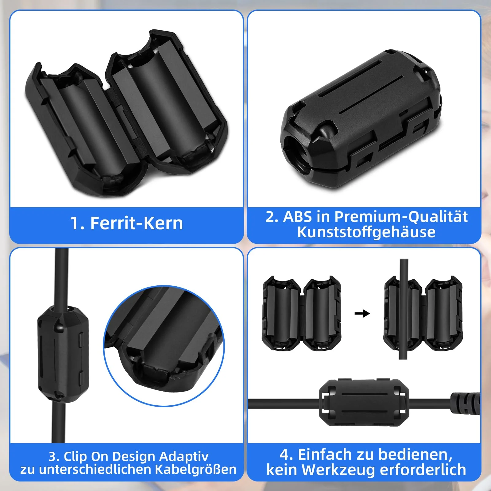 9pcs Ferrite Core for Cable, RFI EMI Folding Ferrite Core for USB Noise Reducer for 3mm/5mm/7mm/9mm/13mm Diameter Cables (Black) - Image 3