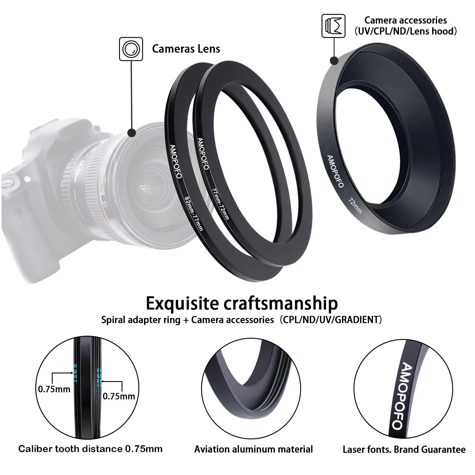 9pcs Step Down Ring Set,Camera Lens Adapter Ring 82-77mm/77-72mm/72-67mm/67-62mm/62-58mm/58-55mm/55-52mm/52-49mm/49-40.5mm.Made of CNC Machined Aluminum - Image 3
