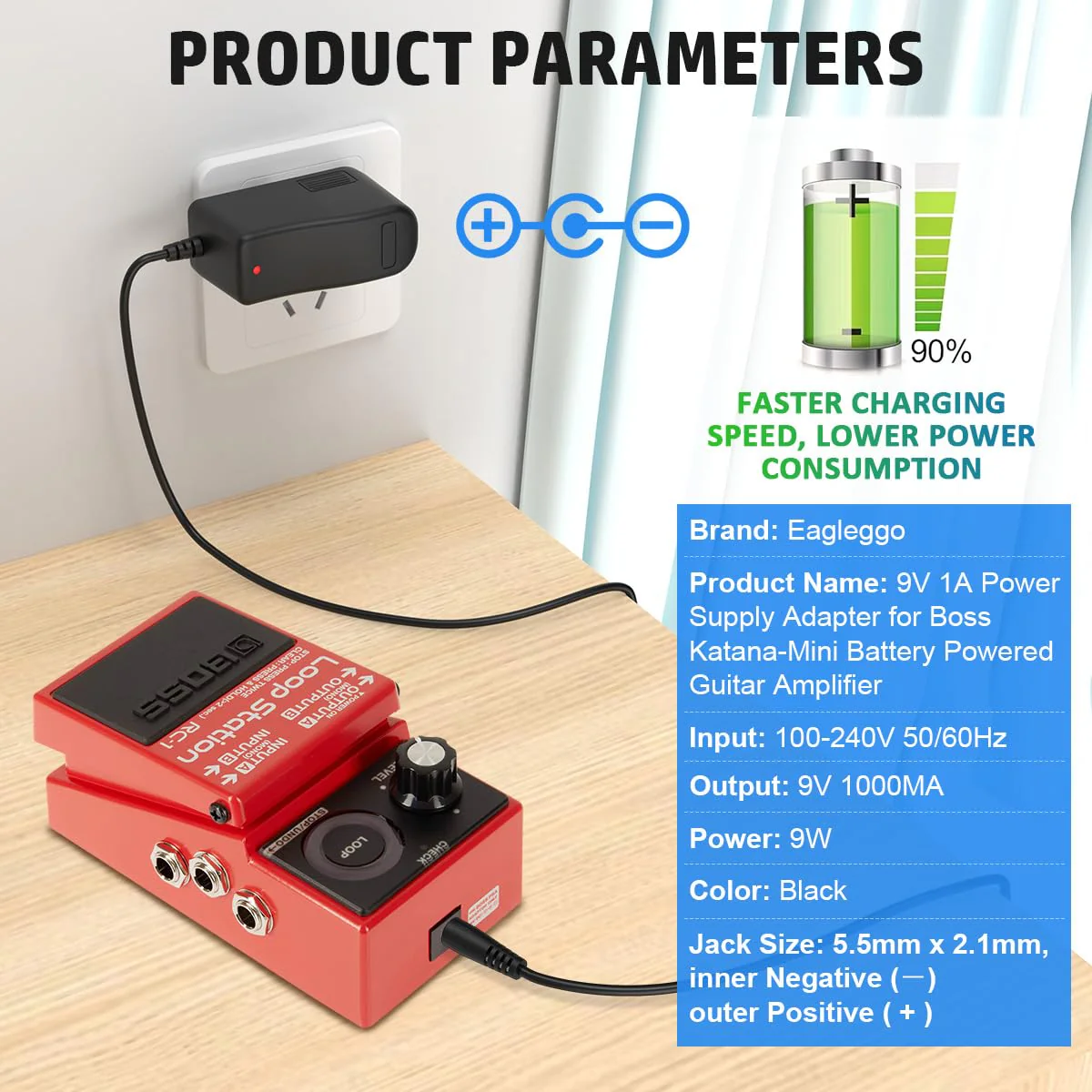 9V AC Power Supply Adapter for Boss Katana-Mini Battery Powered Guitar Amplifier Replaces Boss PSA-120S Guitar Distortion Effects Pedal DS-1 RC-1 RC-3 TU-2 PSB-1U PSB1U Charger Cable Cord (6.5 ft) - Image 3
