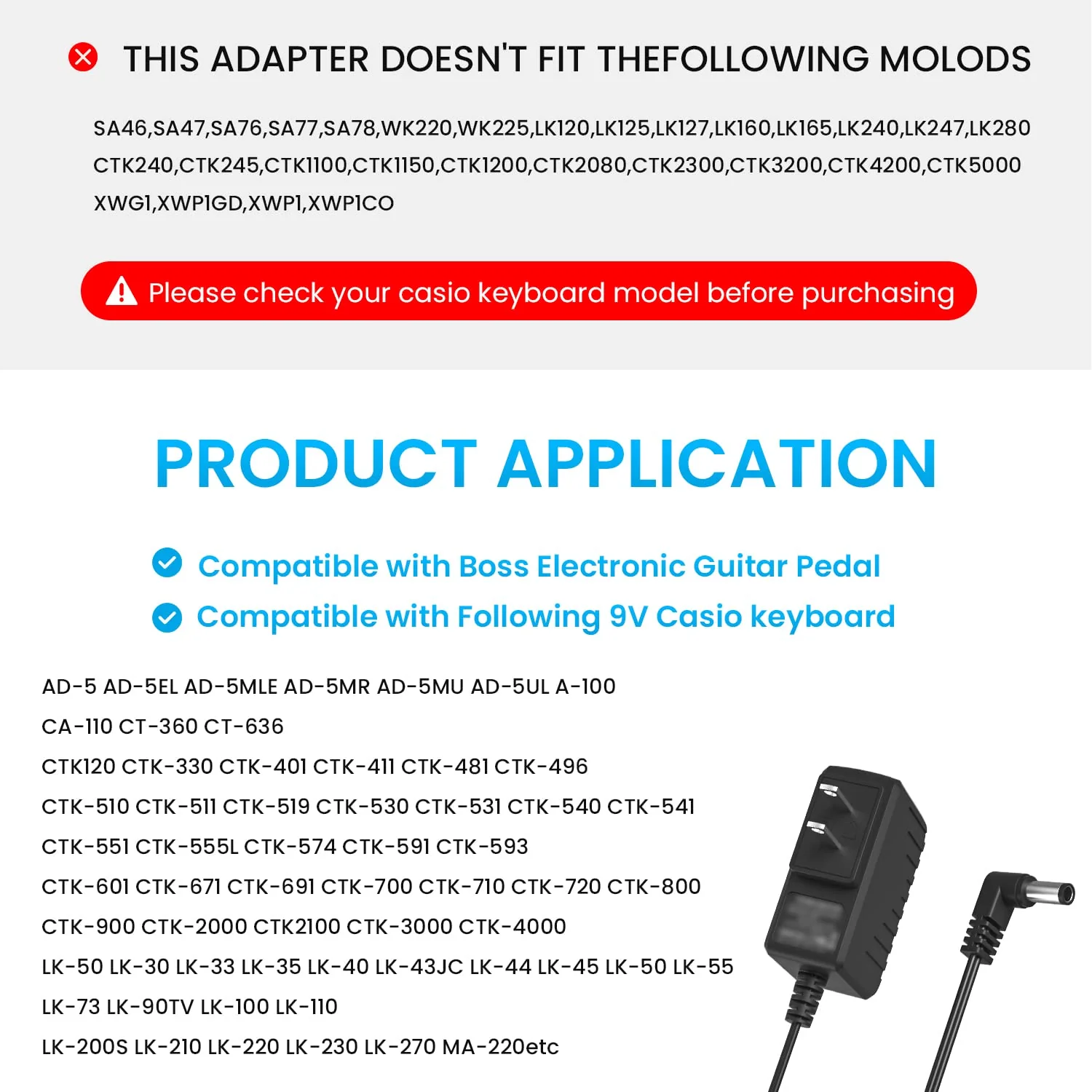 9V Adapter for Boss Effects Pedals, Distortion, Casio Keyboards, 9V 850mA Power Supply for Guitar Pedals,AC dc 9v Power Cord Replacement D'Addario PW-CT-9V, Boss PSA-120S - Image 2