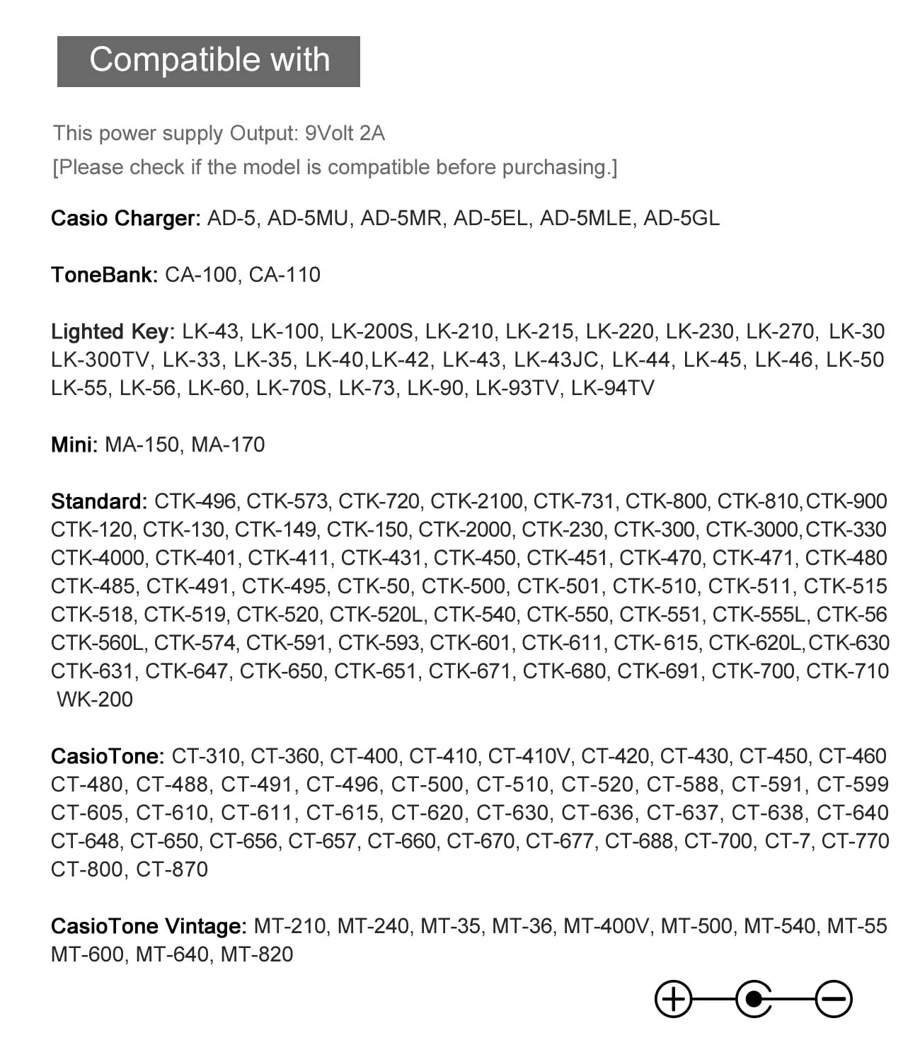 9V Power Adapter fit for Casio Keyboard AD-5 AD-5MU WK-110 WK-200 LK-43 LK-100 CT-360 CTK-496 CTK-573 CTK-611 CTK-700 CTK-710 CTK-2100 CasioTone Piano Keyboard Power Supply Cord - Image 4