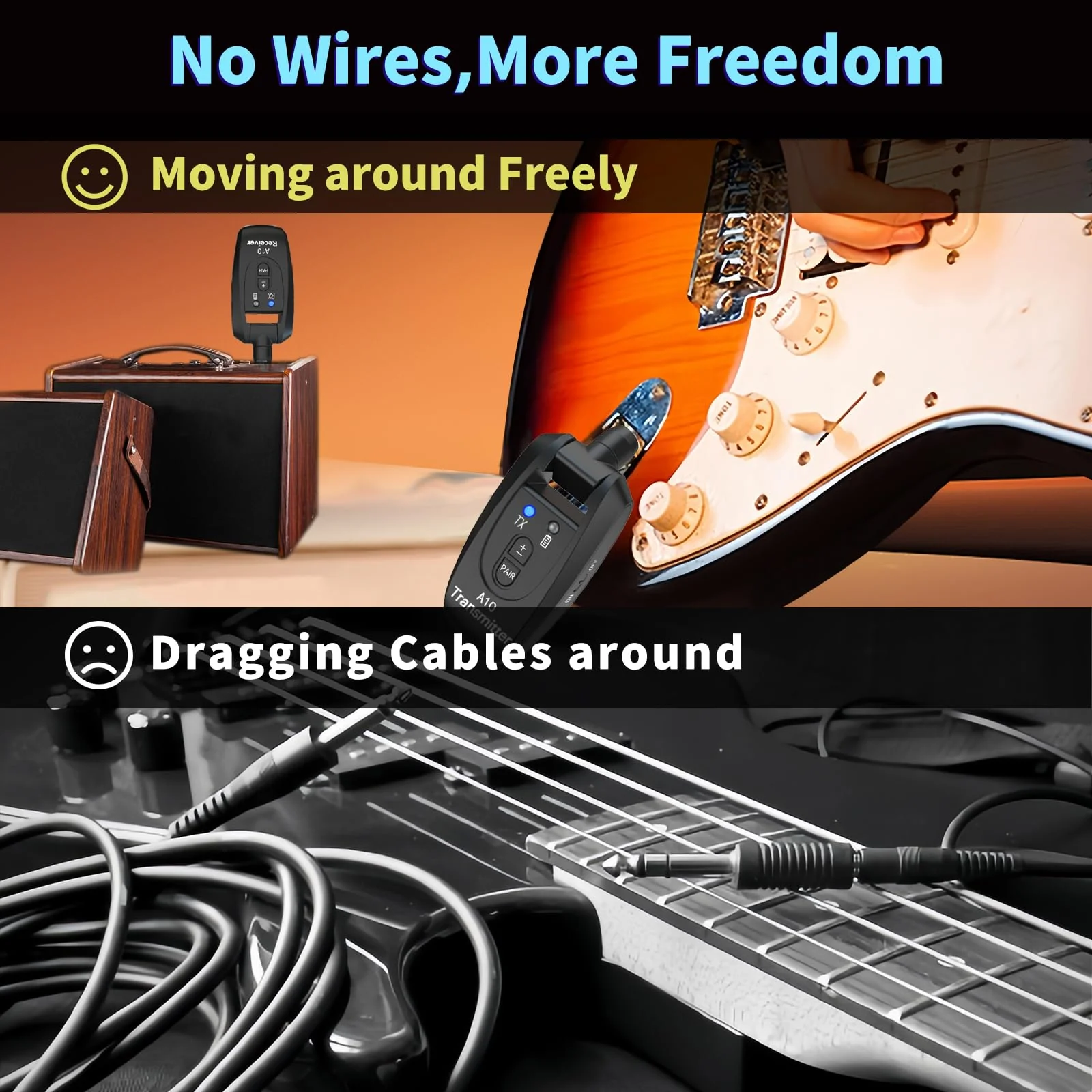 A10 Wireless Guitar System, 2.4GHz Rechargeable Transmitter Receiver, 24-bit 48KHz Audio, 100ft Range, No Latency, Plug and Play for Electric Guitar & Bass Accessories - Image 2