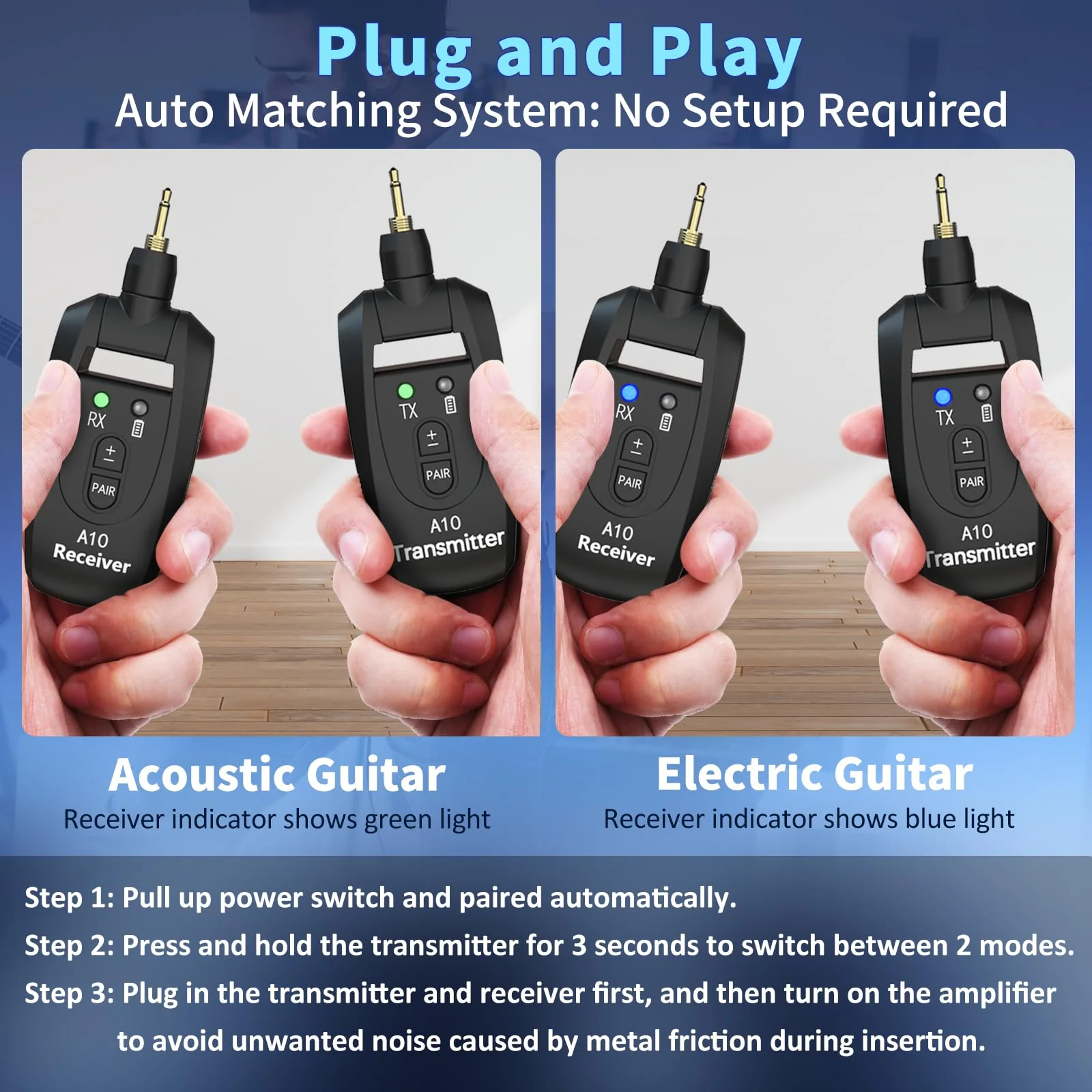 A10 Wireless Guitar System, 2.4GHz Rechargeable Transmitter Receiver, 24-bit 48KHz Audio, 100ft Range, No Latency, Plug and Play for Electric Guitar & Bass Accessories - Image 6