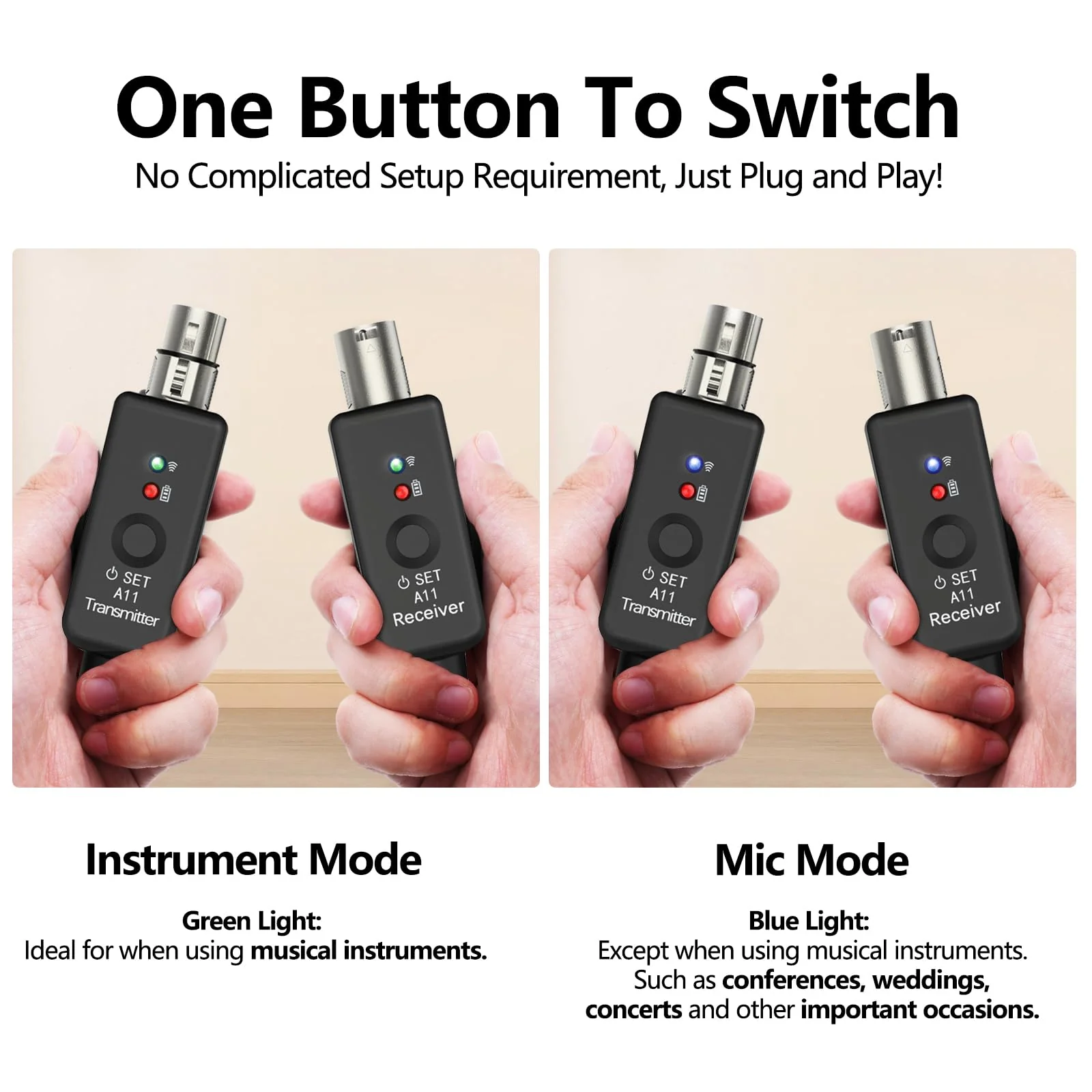 A11 Wireless Microphone System, 2.4GHz XLR Transmitter and Receiver for Dynamic Microphone, Audio Mixer, PA System, 100ft Range, Ultra-Low Latency, Rechargeable Battery (A11-2(2TX+1RX)) A11-2(2TX+1RX) - Image 3